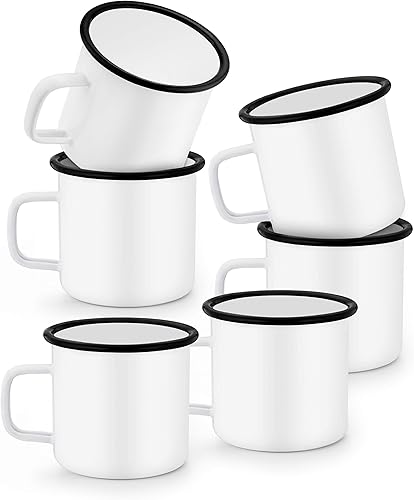 TeamFar Juego de 6 tazas de café esmaltadas de 12 onzas, tazas de té blanco para campamento, picnic, uso doméstico, no tóxicas y portátiles, diseño