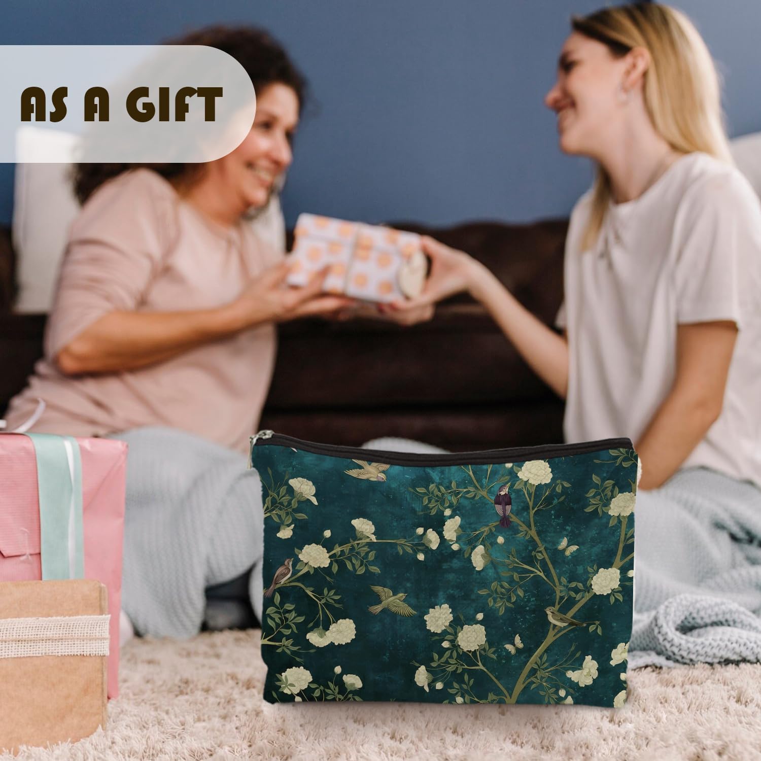 Vintage Cherry Blossom Bird Makeup Bag, Chinoiserie Blue Floral Cosmetic Bags for Women, Elegant White Flower Botanical Zipper Makeup Pouch Travel Toiletry Bag - Image 5