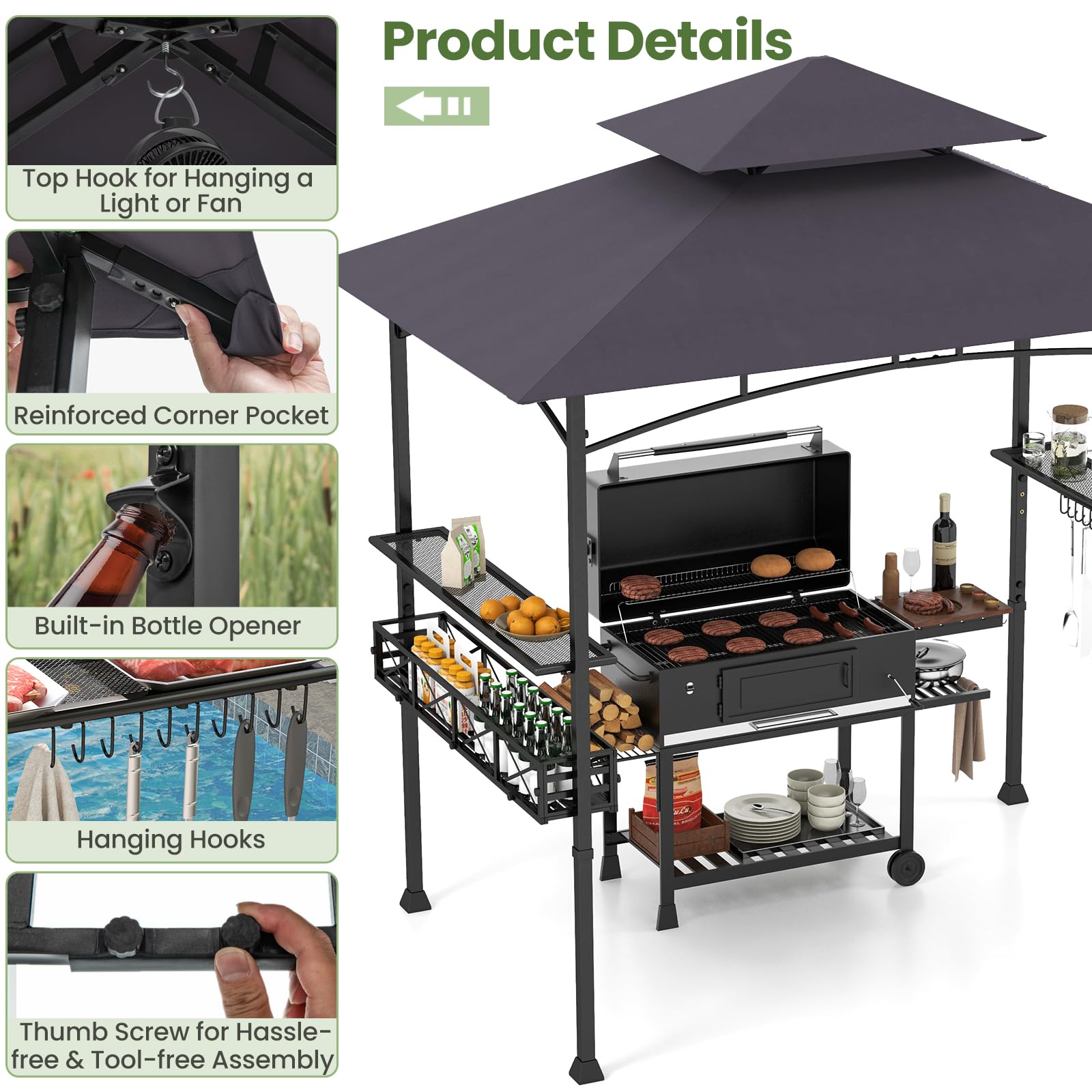 HOMASIS Gazebo per Barbecue con Tettoia Laterale, Pergolato da Giardino con Doppio Tetto, 2 Tavoli e Ganci, Pergola Addossata per Esterno, Gazebo per griglia/BBQ (Grigio Scuro, 242 x 153 x 250 cm)