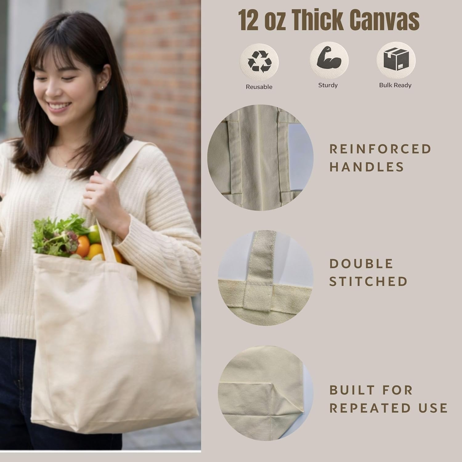 12 oz Canvas Tote Bags Extra Large Reusable Grocery Totes for Shopping, Crafts & Everyday Use Beige or Black