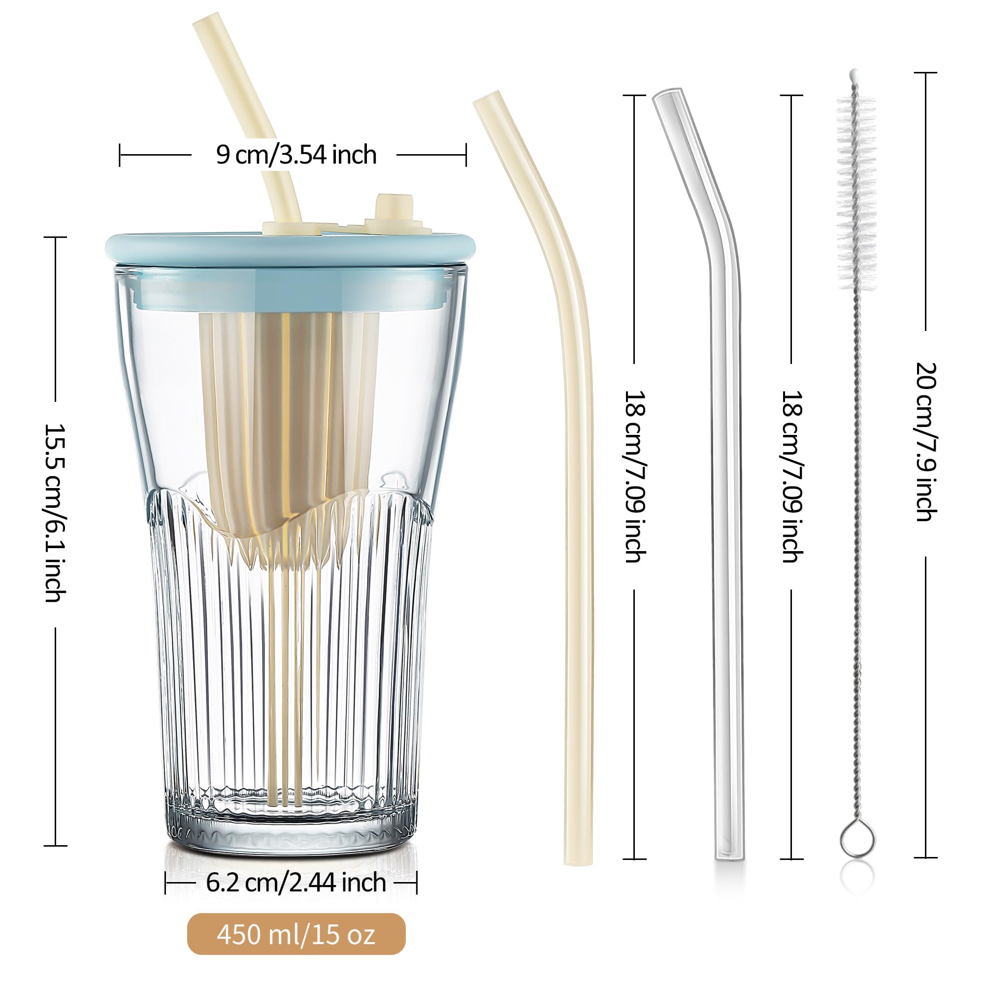 Joeyan Lot de 2 Transparent Verre avec Paille et Bleu Couvercle, 450ml Gobelet,Tasses à Café Glacé Nervurées,Verre a Eau avec infuseur à thé pour bubble tea matcha limonade,Passent au Lave-vaisselle