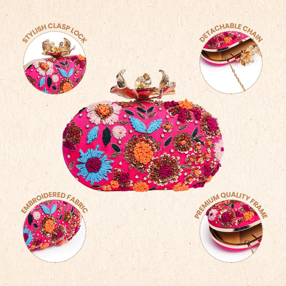 Image of THE TAN CLAN Flora Resham Hand Embroidered Clutches Purse Luxury Evening HandBags for Women