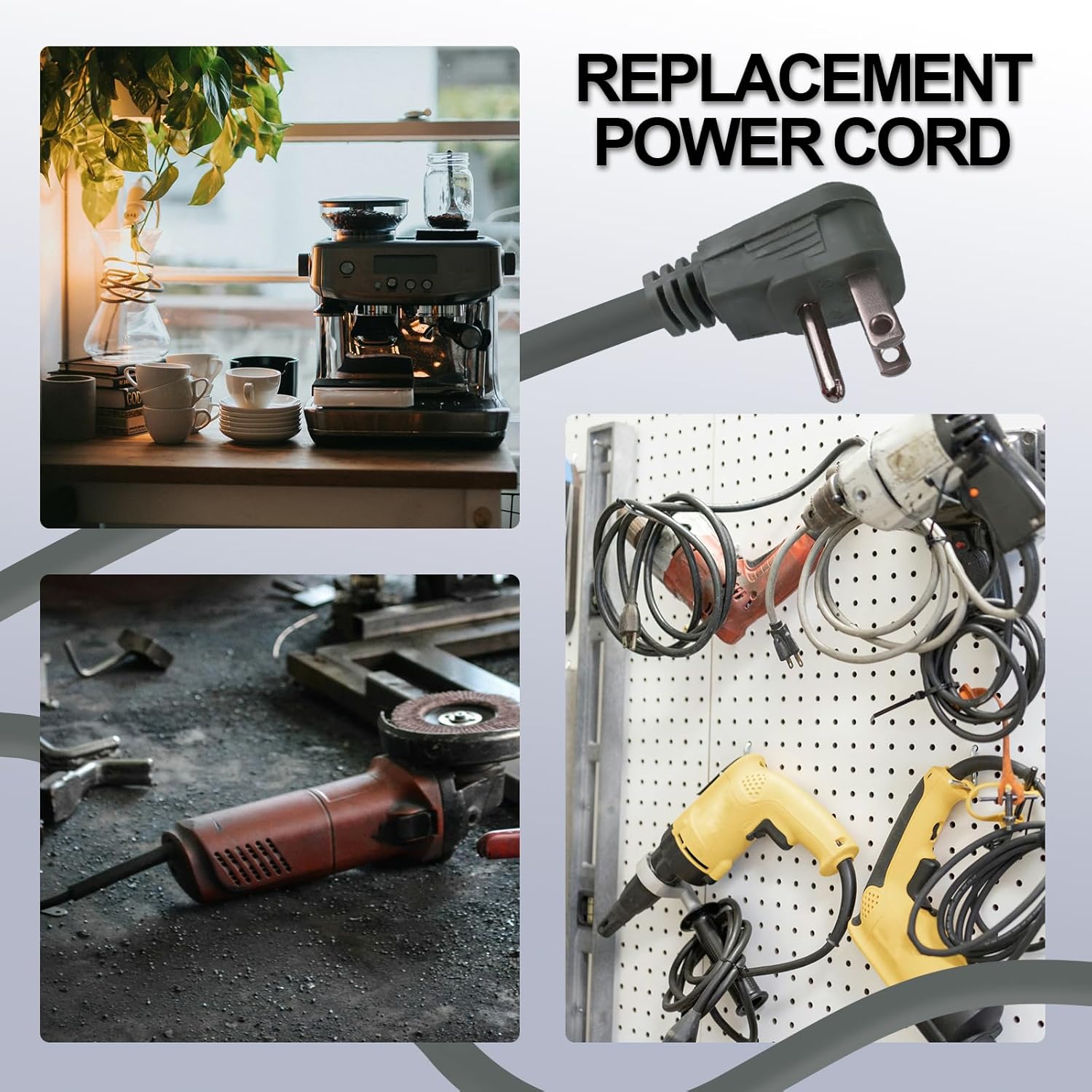 EP 2 Pack 3 Ft Flat Plug Appliance and Power Tool Cord, 14 Gauge 3 Prong 15A Replacement Power Supply Cord Cable, 110V 115V 120V AC Pigtail, Grey