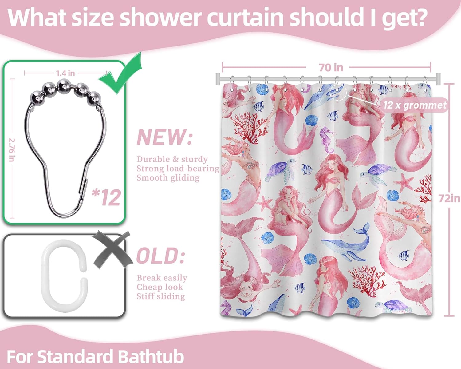 Mermaid Shower Curtain Pink Ocean Girls Shower Curtains for Girly Preppy Bathroom Decor Sets, Waterproof Cloth Fabric with Hooks, 70x72 Inch