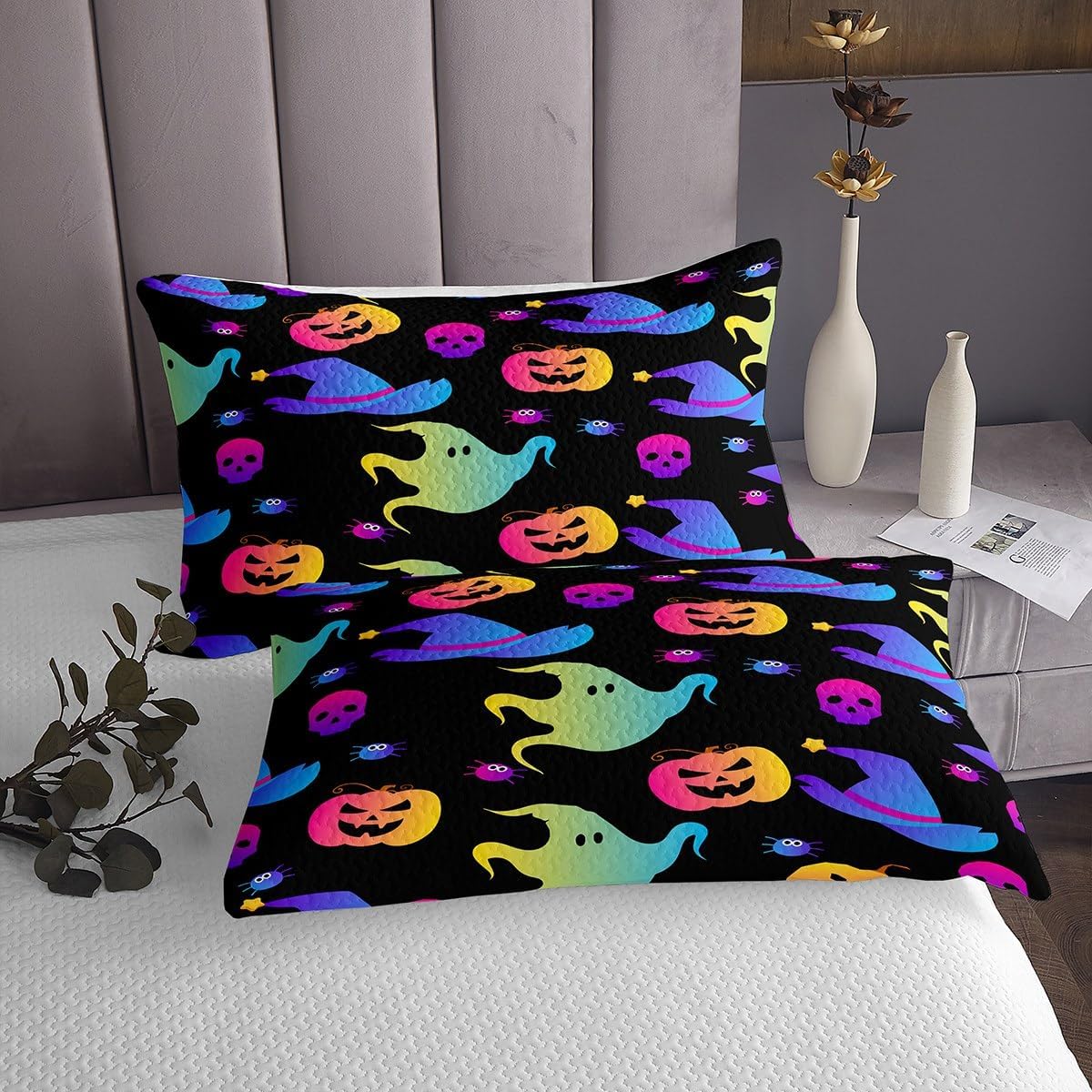 Erosebridal Sugar Skull Bedspread Funny Skeleton Halloween Decorations,Cartoon Gothic Spooky Bone Quilted King Size,Black and White Coverlet Set Piano Music Halloween Decor