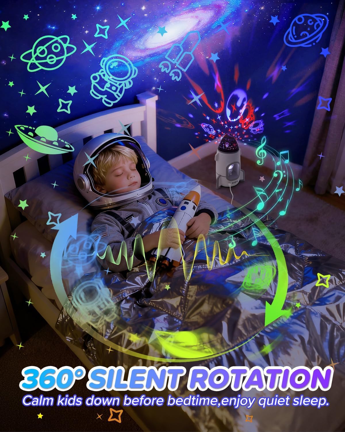 Rocket Night Light Projector for Kids Boys Toddlers Sensory Toys with Music&Films,Nightlight Lamp Astronaut Ceiling Star Projector 360° Rotation&Rechargeable,Birthday Gifts Kids Bedroom Room Decor White