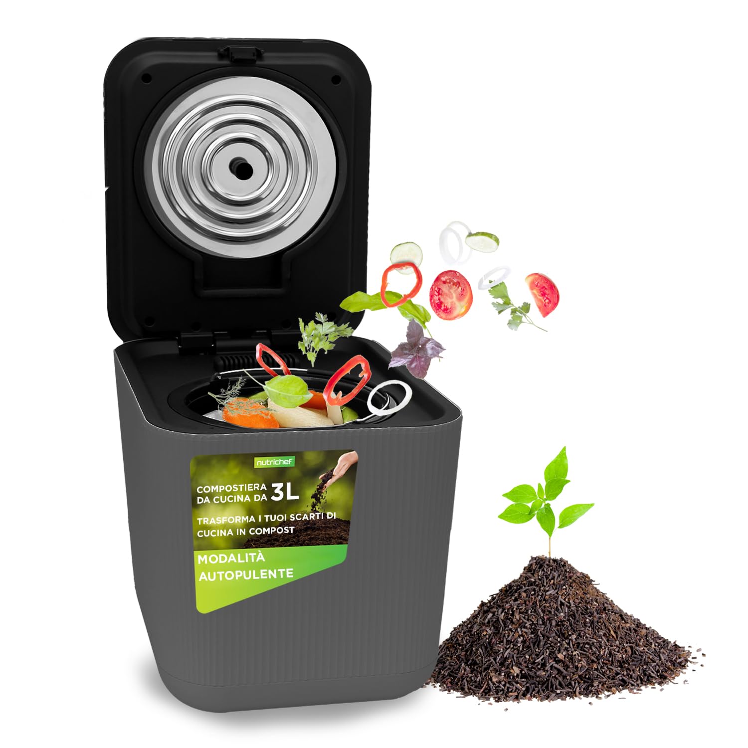 NutriChef Compostiera da Cucina, Compostiera Elettrica 3 Litri, Bidone Umido per Cucina, Pattumiera Umido con Asciugatura, Frantumazione e Raffreddamento, Grigia