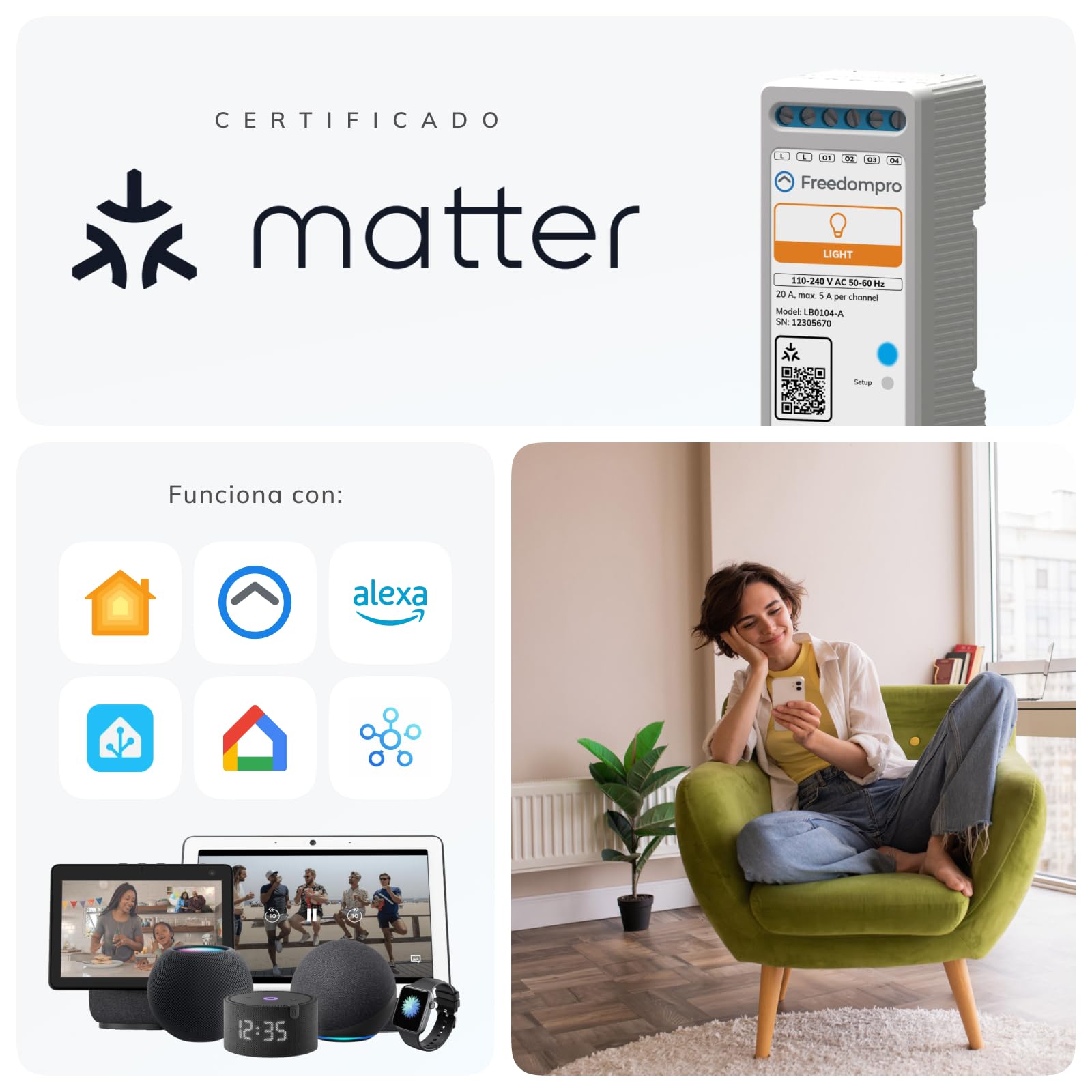 Freedompro DIN Interruptor Relé WiFi para Luces Inteligentes, Controla 4 Luces, Compatible con HomeKit, Matter, Google Home, Alexa, Domótica, Mide el Consumo, 110-240V, 20A, para Carril DIN