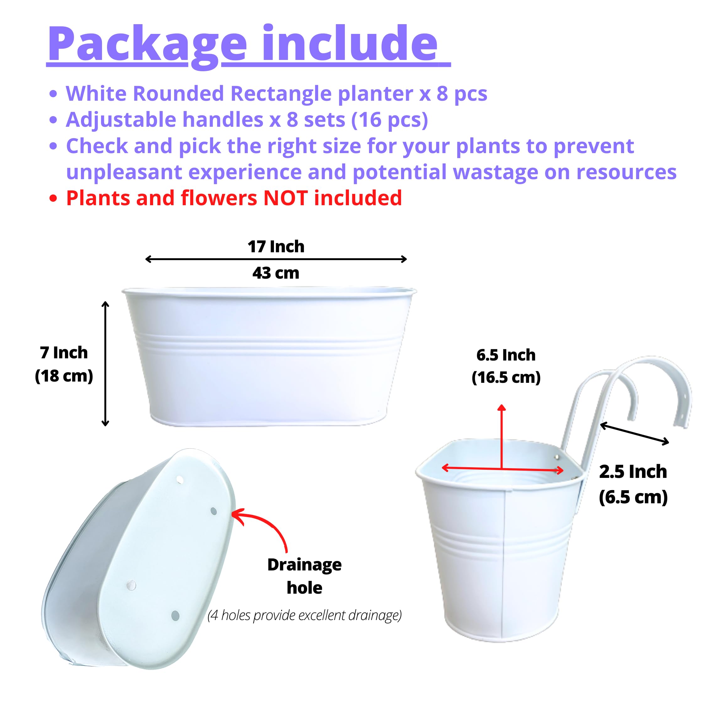 LaLaGreen - Macetas para exteriores (paquete de 8, 17 pulgadas), barandilla de metal blanco para colgar flores, caja grande para ventana, ganchos para plantas, barandilla de valla, cubo moderno,