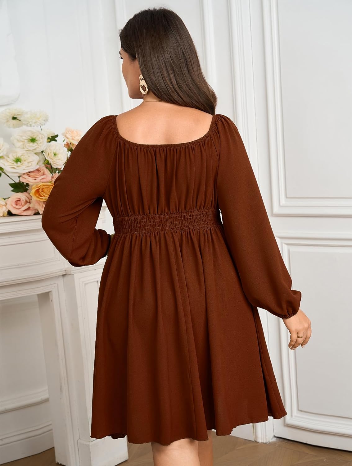 SCOMCHIC Women Plus Size Fall Dresses Long Sleeve Square Neck Ruffle Hem Flowy A-Line Cocktail Wedding Guest Mini Short Dress - Image 6