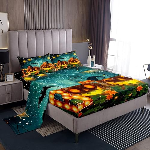 Miniatura 1 de Manfei Juego de sábanas de farol de calabaza, tamaño matrimonial, juego de ropa de cama de murciélagos de telaraña negra para decoración de