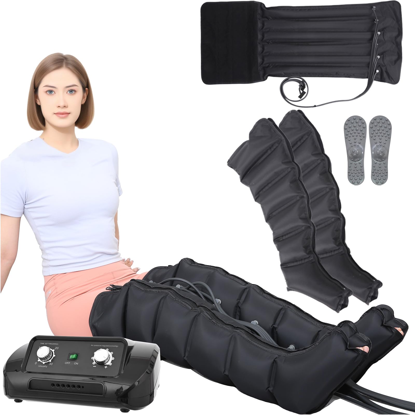 Pressoterapia Linfodrenaggio Professionale, 6 Camere D'aria Macchinario Pressoterapia gambe e braccia Addome Glutei per Casa, Apparecchio Pressoterapia,Massaggio Linfodrenante(2 Gambe + 1 Addome)
