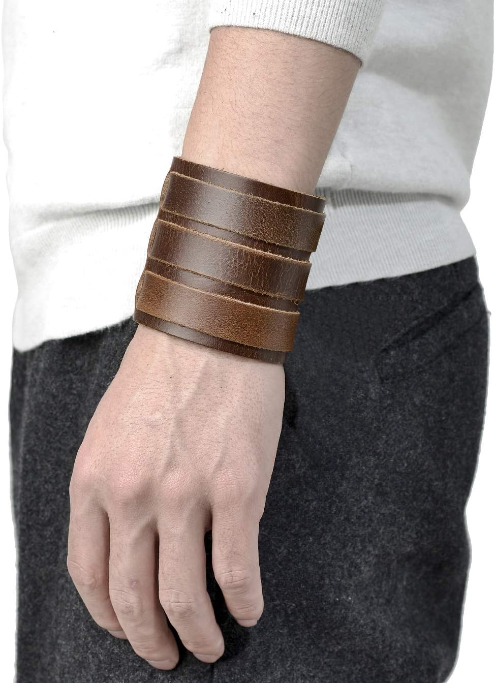 Tornito 1-2Pcs Genuine Leather Bracelet Punk Spike Studded Rivet Braided Chain Biker Bangle Three Wide Strap Gauntlet Wristband For Women Men Black Brown Size Adjustable - Image 3