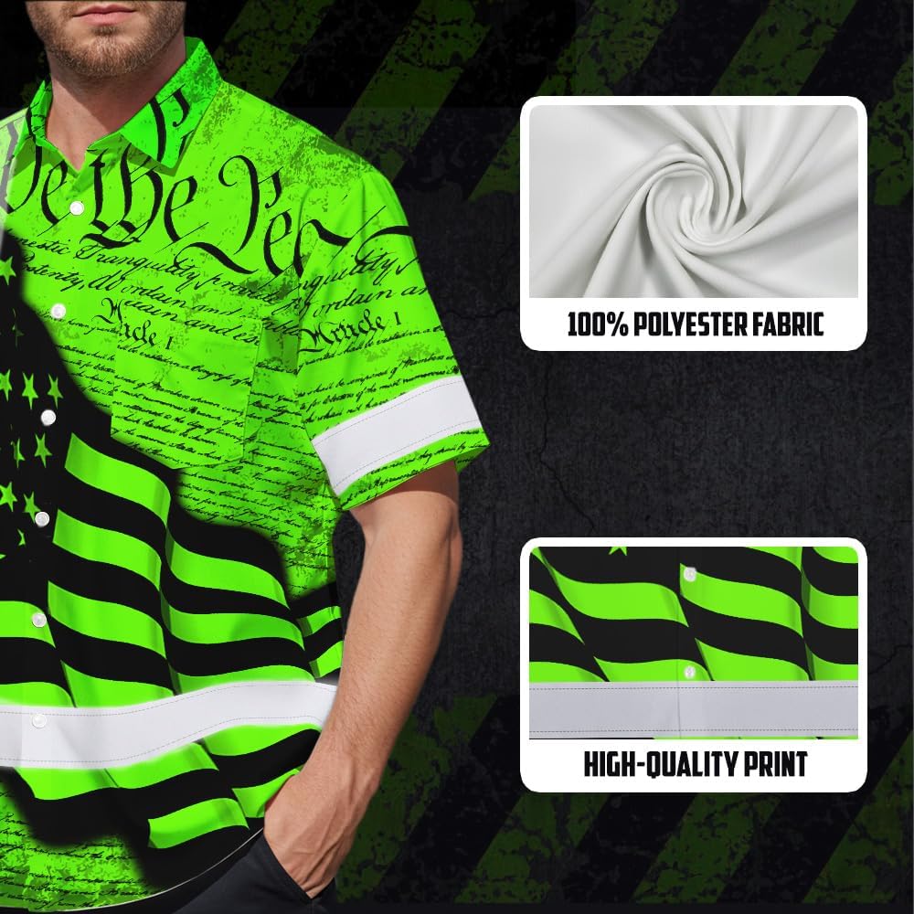 Hi Vis Hawaiian Shirt, American Flag Custom Name Reflective Short Sleeve Button Down Safety Shirt for Workers, Trucker