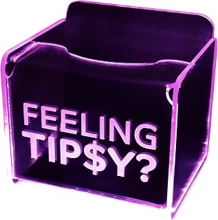 LED Glowing Tip Jar- Feelin' Tipsy Design - LED TipBox™-Tip Jar for Bartender- Dual Powered: 9 Volt Battery or 12 Volt AC Adapter-No USB Needed (Light Violet)