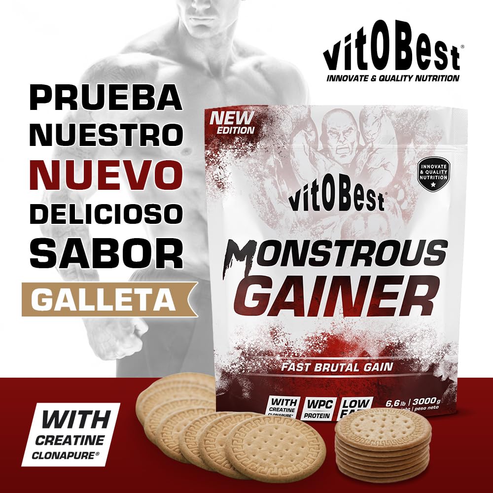 VITOBEST | Carbohidratos Monstrous Gainer | Contribuye a aumentar la masa muscular y el peso corporal | Carbohidratos + proteína WPC + Creatina Clonapure® Sin gluten | Sabor Chocolate - 3 kg