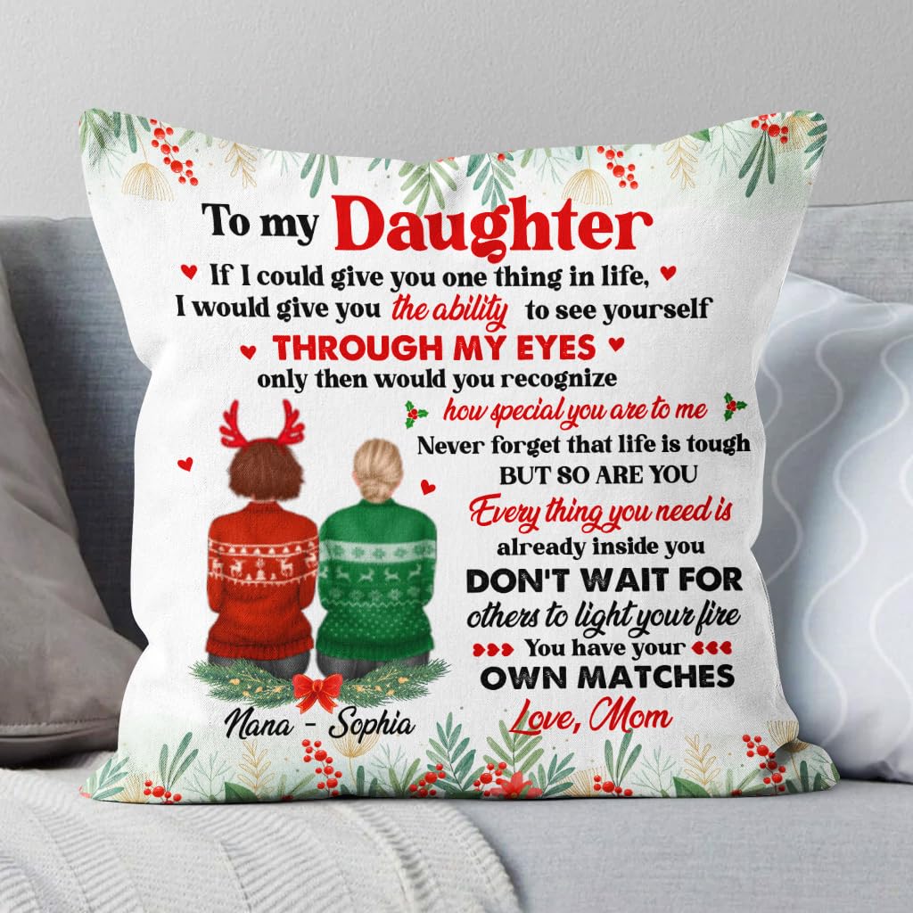 Personalized Square Pillow for Girls from Mother Gifts for Daughter Christmas Cute Mom and Daughter Sitting Custom Name Double Sided Sofa Couch Cushion On Birthday Graduation Valentines