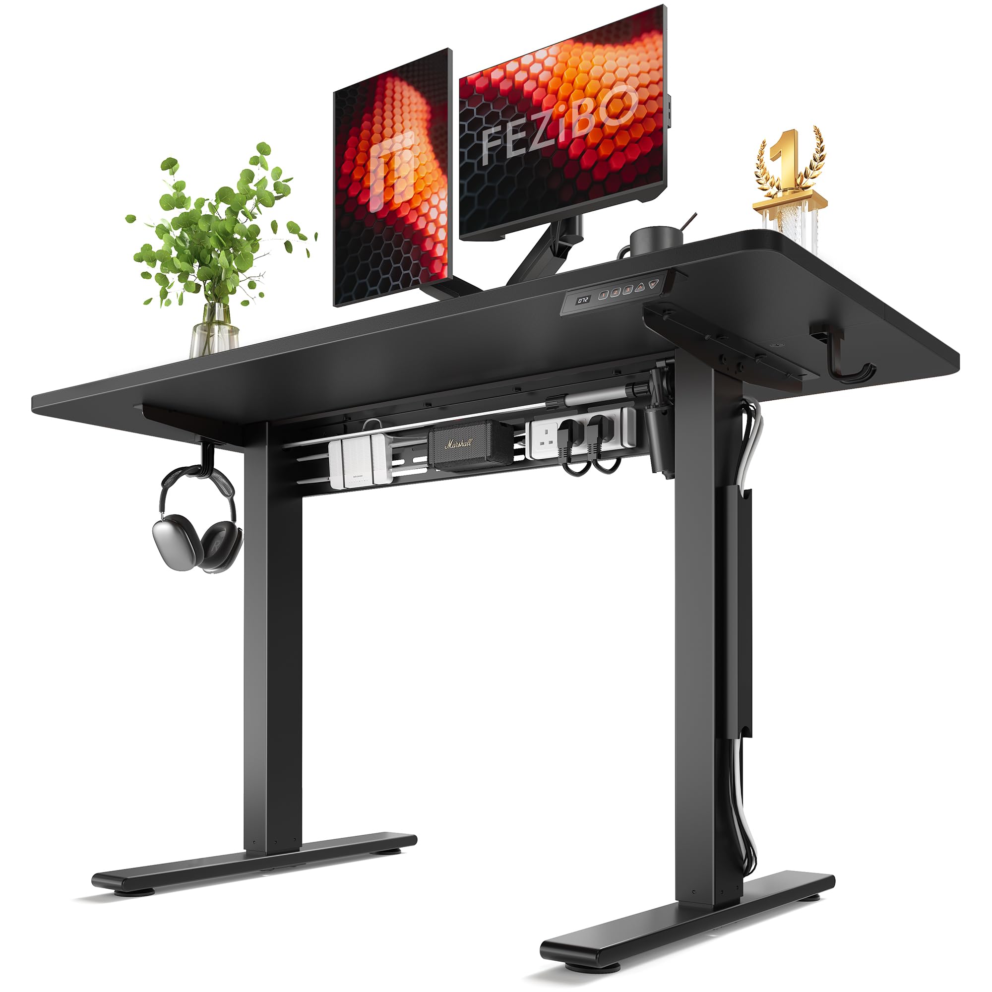 FEZIBO Electric Standing Desk with L-Shaped Crossbar &amp; Cable Management System, 48 x 24 Inches Sit Stand up Desk, Adjustable Height Standing Desk for Home Office, Black