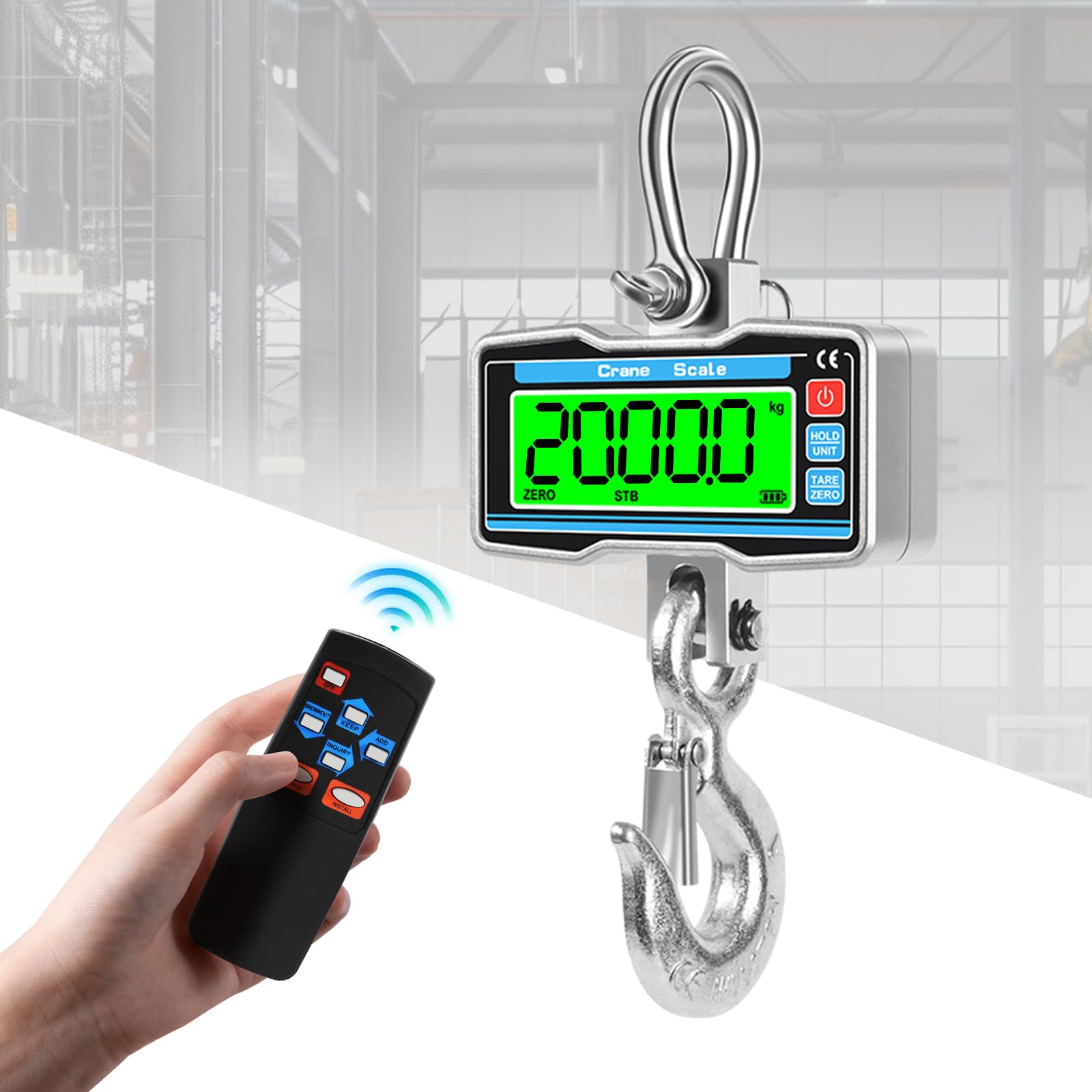 Báscula colgante 2000kg 4400lbs con Control Remoto, Báscula de Grúa Digital 2T Pantalla LCD