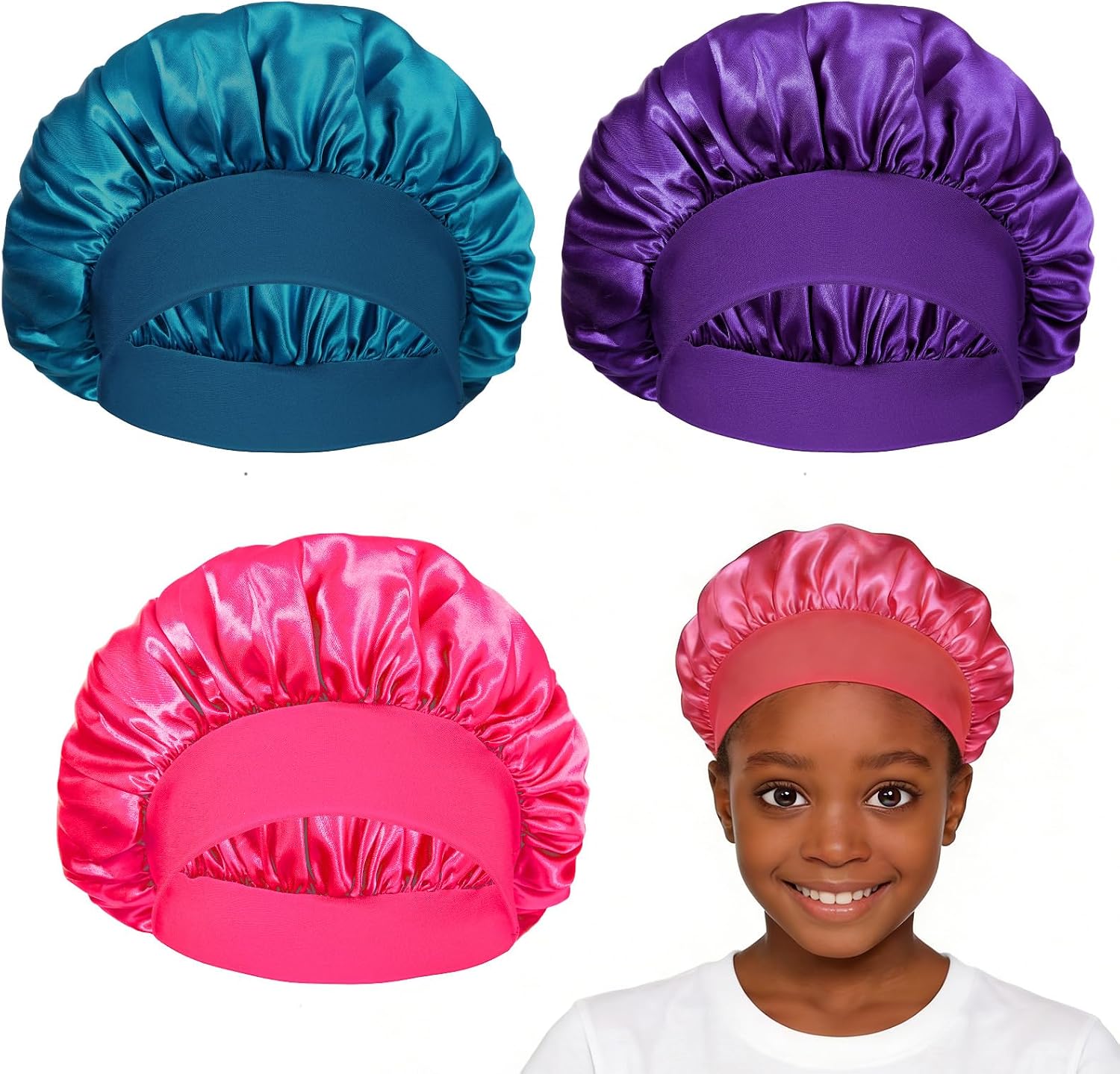 3 PCS Satin Kid Bonnets Boys Girl Silk Satin Sleeping Cap Kid Bonnets Curly Hair Wrap Elastic Wide Band Bonnet Sleep Cap for Toddler Child Teenager