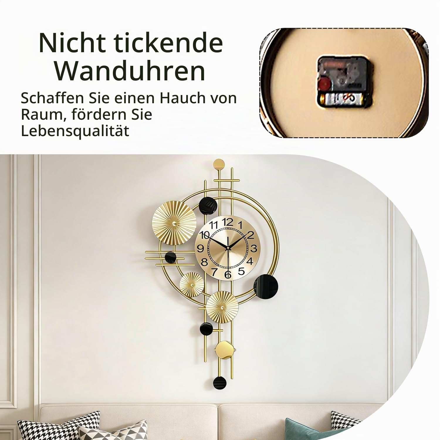 Große Wanduhr für Wohnzimmer, leises Quarzwerk, nicht tickend, batteriebetrieben, dekorative analoge große Wanduhr für Küche, Schlafzimmer, Zuhause, Büro, Wanddekoration, 45,2 x 78 cm (Gold)