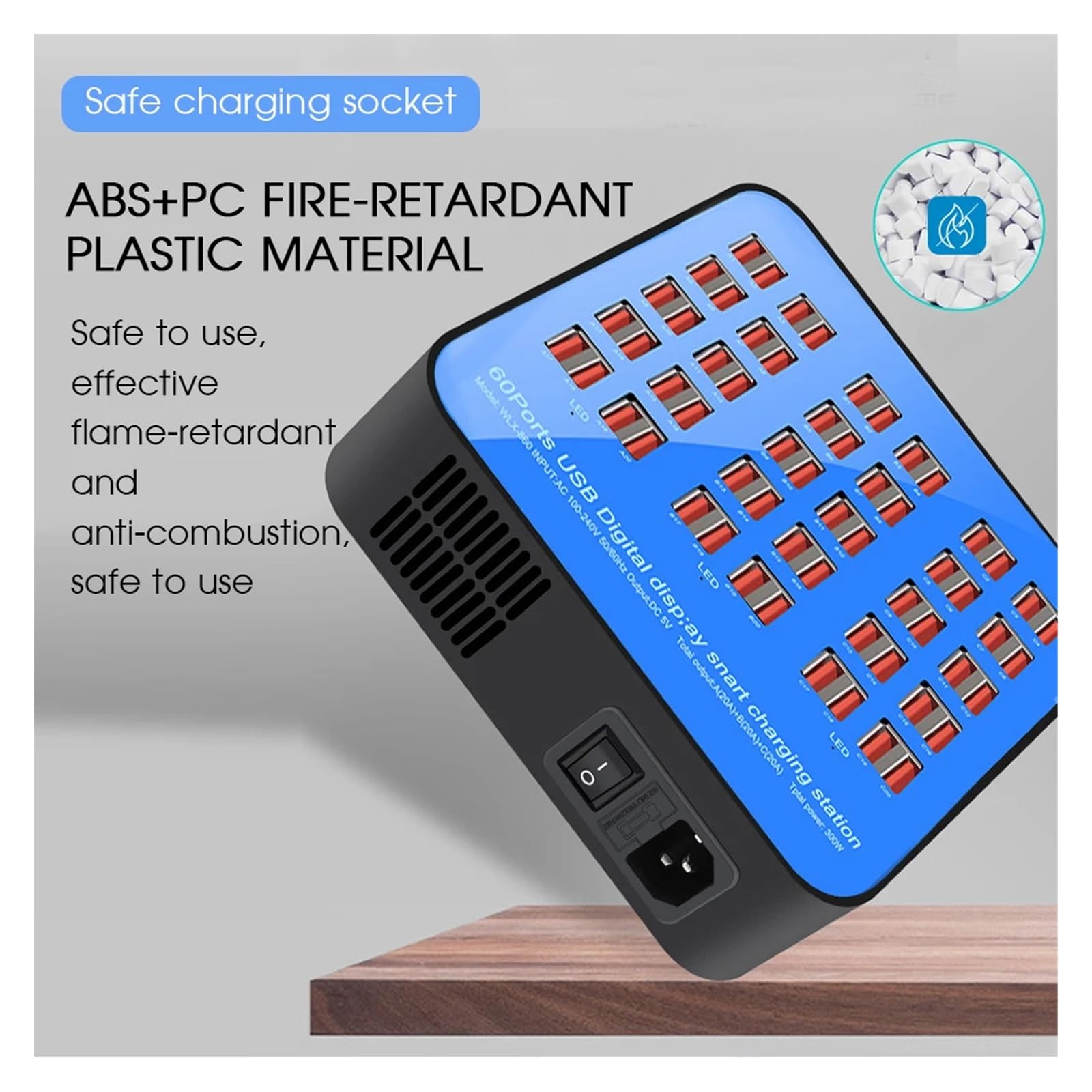 Adattatore for caricabatterie USB da 300 W/200 W/100 W 10/20/40/60 porte HUB multifunzionale stazione di ricarica presa dock Compatibilità universale(60Port 300W Blue)