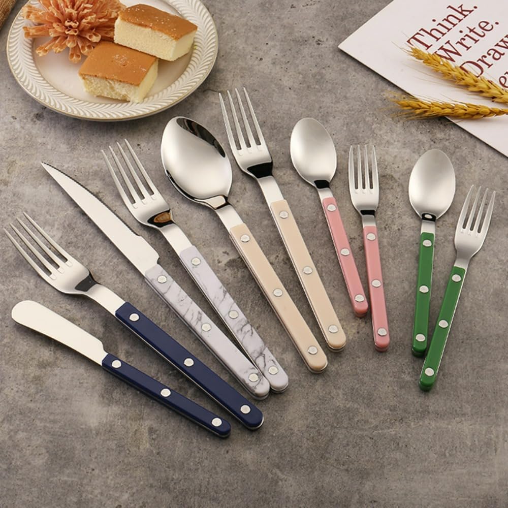 ABS Rivet Handle Marble Pattern Handle Kitchen Stainless Steel Silverware Tableware Flatware Cutlery Knives Forks Spoons Set,Butter Knife Dessert Spoon Fork (5-piece set -4 set,Marbling)