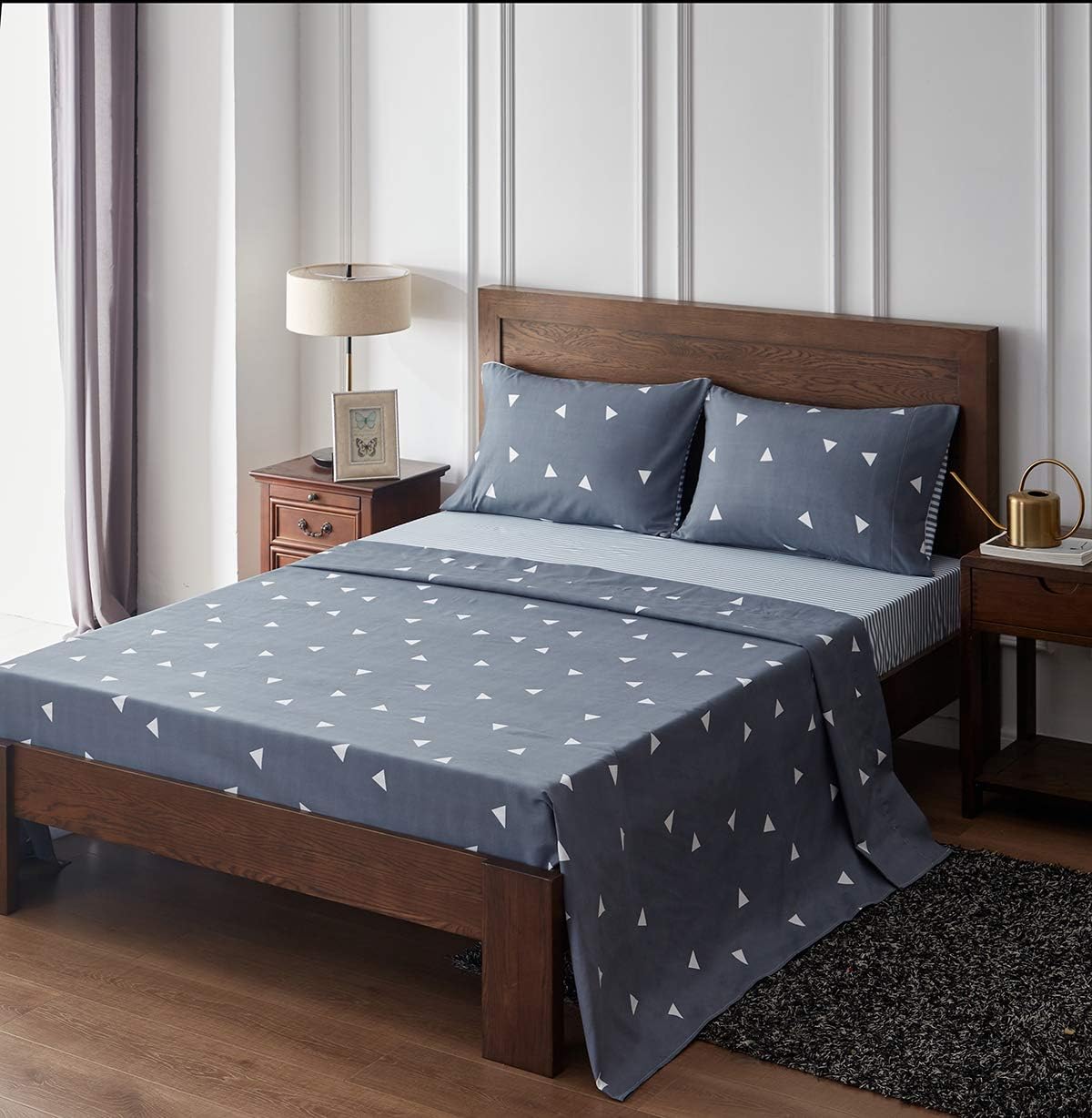 UOZZI BEDDING Printed 4 Pieces Bed Sheets Set King Size 1500 Soft Brushed Microfiber Blue Gray with White Triangles Print Adult Bedding Set