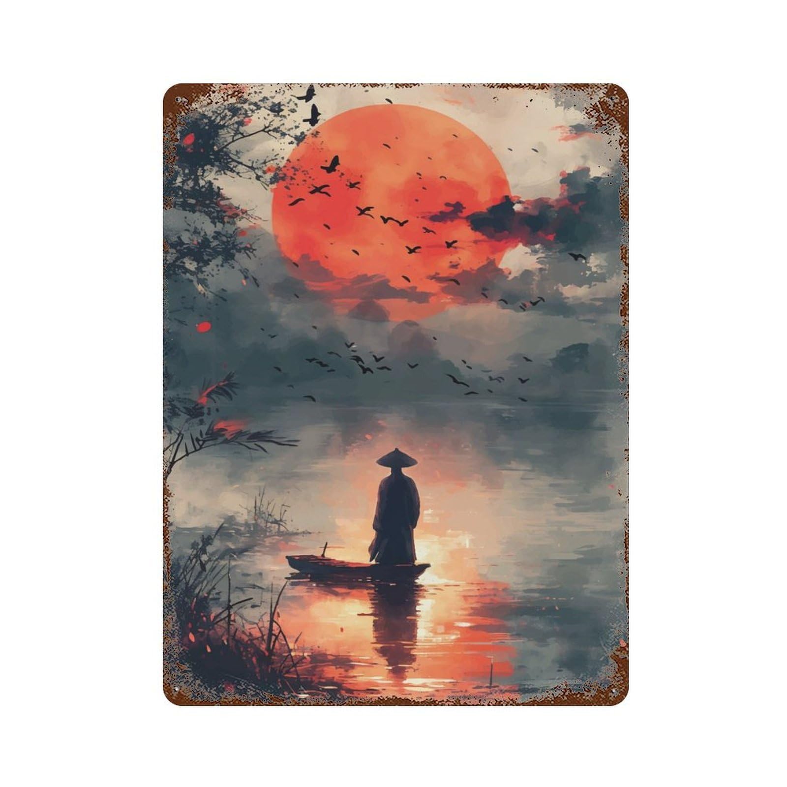 Rust Effect Tin Sign Silhouette at Sunset 15.7"x11.8", Vintage Wall Decor for Basement, Hobby Room And Garage Decor