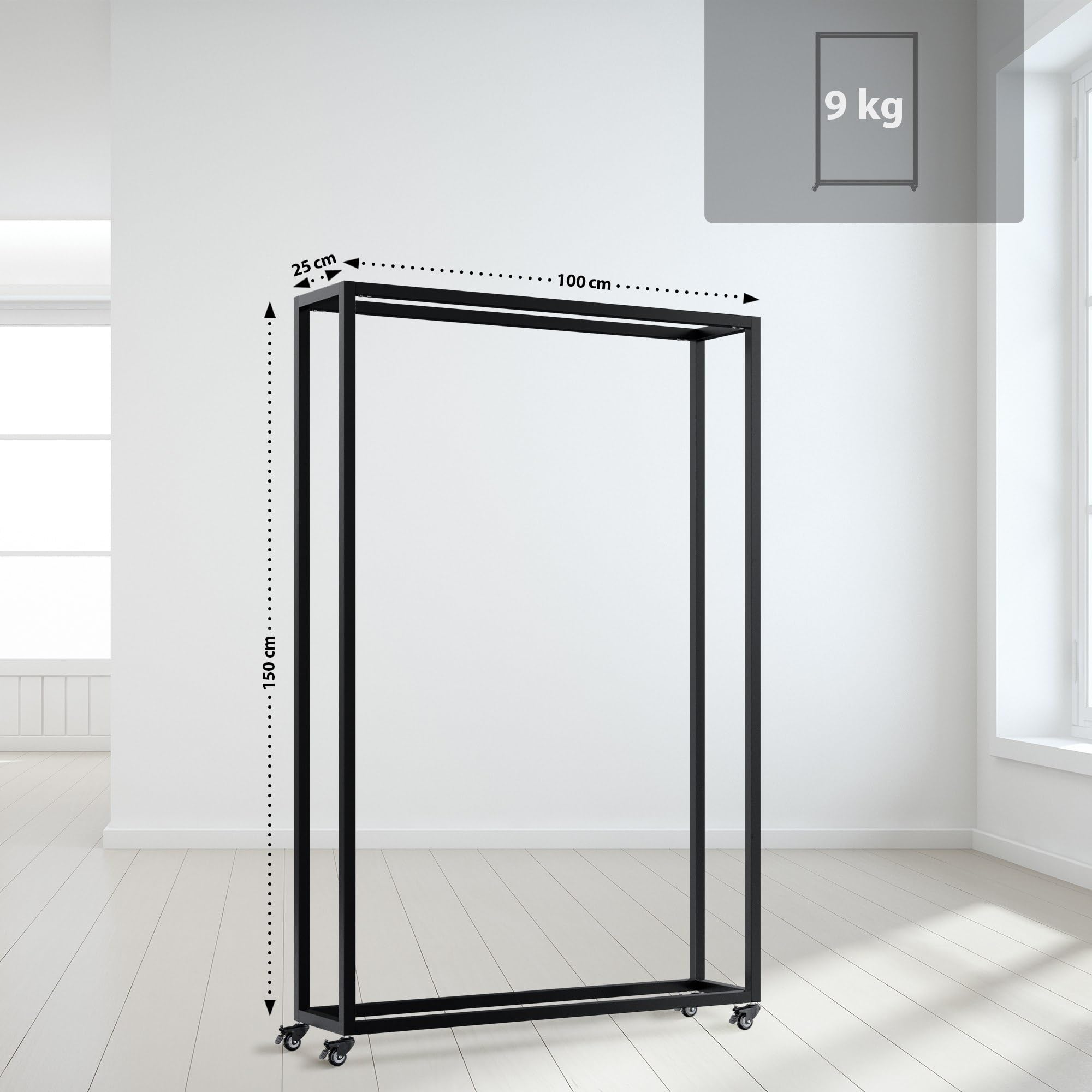 CLP Kaminholzständer innen Metall mit Rollen Hilta, Kaminholzregal aus stabilem Metall, Aufbewahrung für Brennholz im Wohnzimmer Farbe schwarz Größe 25x100x150 cm