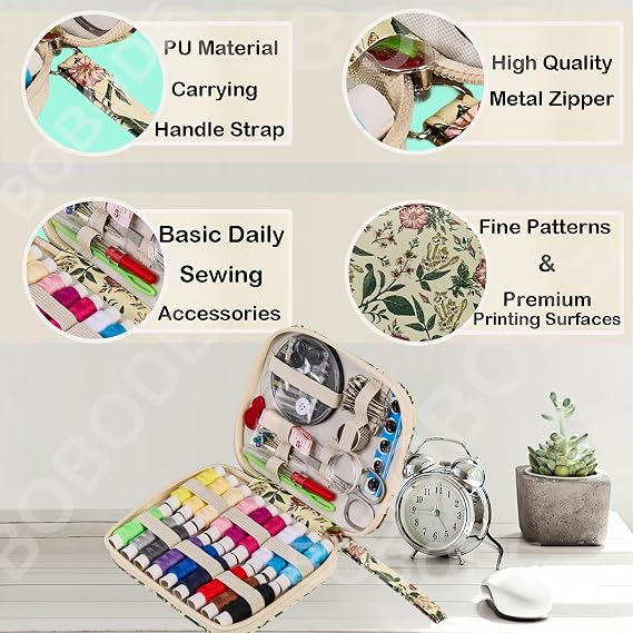 Arts Craft Printing Sewing Kit Floral Pattern Small Sewing Set,Professional Travel Sewing Kit with 18 Colors Sewing Thread, Basic Sewing Supplies Accessory for Emergency, Home Beginners