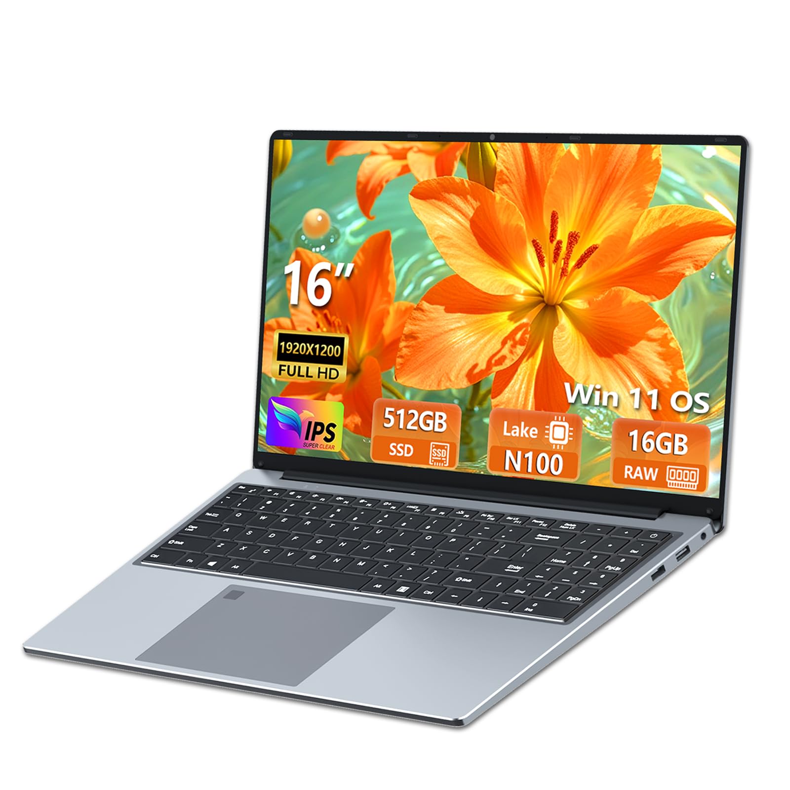 Ordenador Portátil 16 Pulgadas, Win 11 PC Portátil 16GB RAM 512GB SSD, Portatil Celeron N100 CPU, Teclado Retroiluminado+Desbloqueo Huellas Dactilares, Laptop USB3.0/Mini-HDMI/Batería 6000mAh/BT5.0