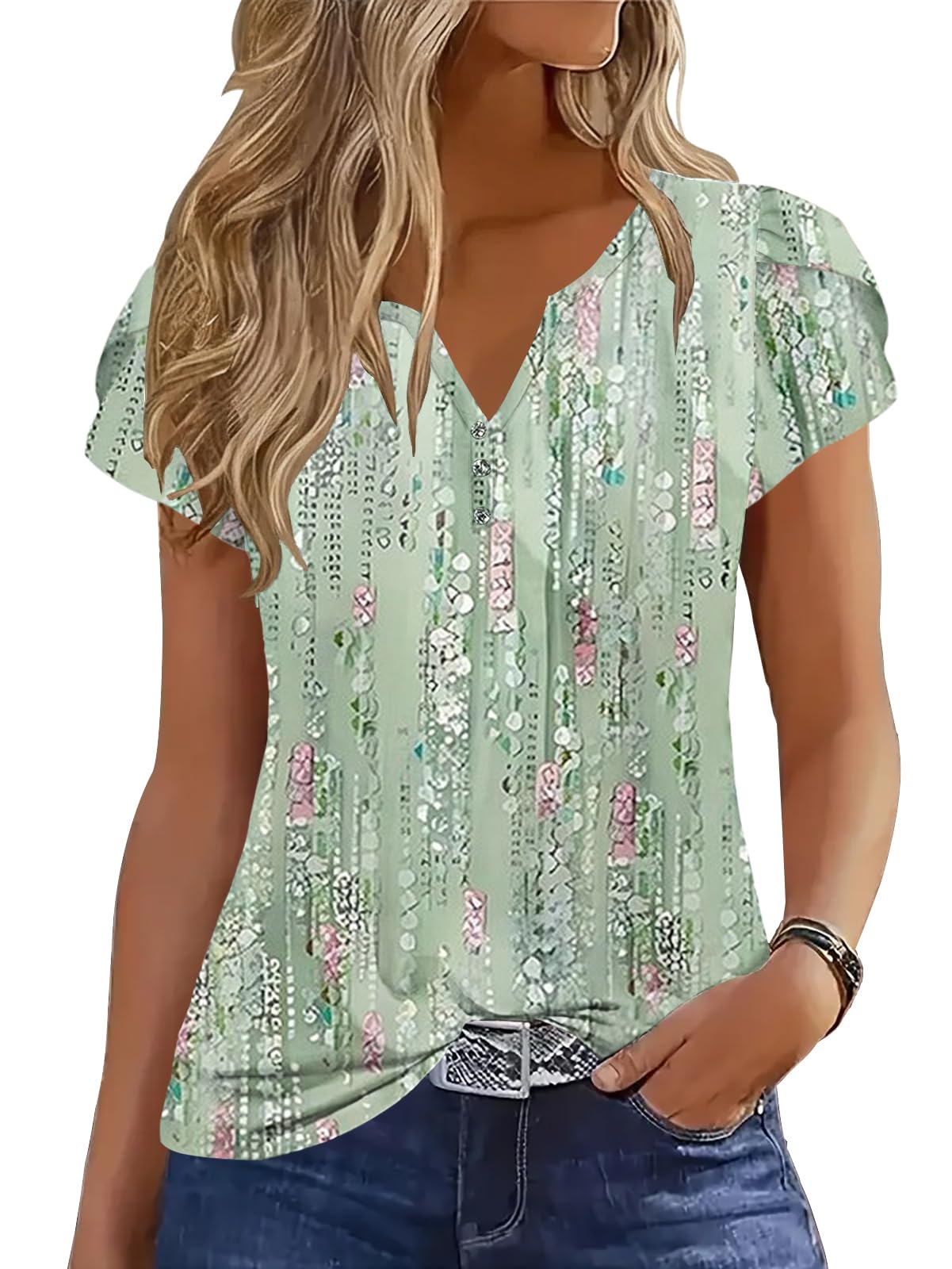 Womens Tops 2026 Summer Ladies Tops Pleated Tunic Dressy Casual Blouse | ETCYY Trendy Tops, Petal Short Sleeve T Shirts, Striped Floral, Loose Button Down, V Neck Dressy Tops, Summer Clothes