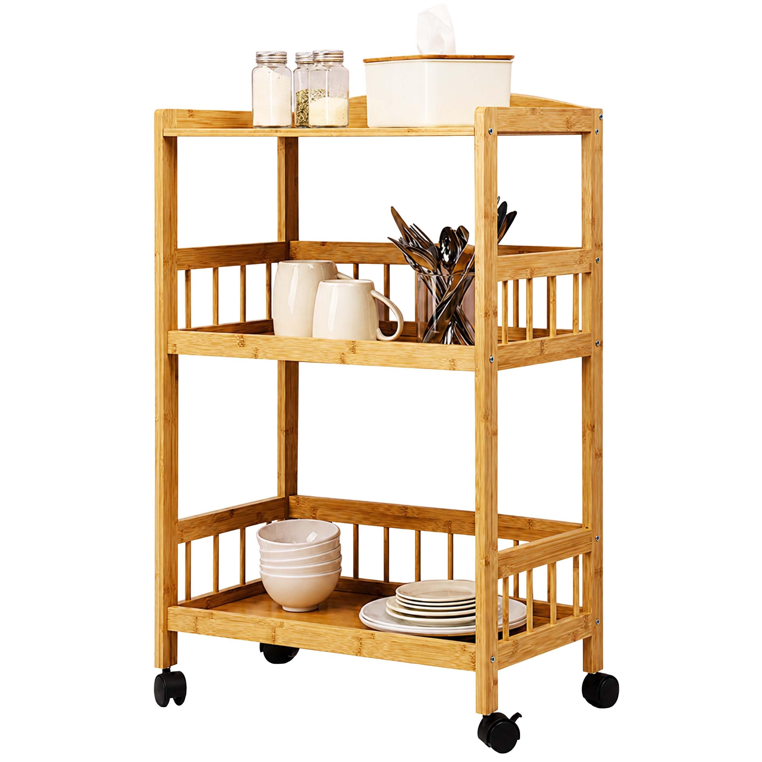 Relaxdays Chariot de Service Bambou 80 x 53 x 30 cm, 3 étages, Naturel | Étagère à roulettes pour la cuisine et le salon, chariot de cuisine