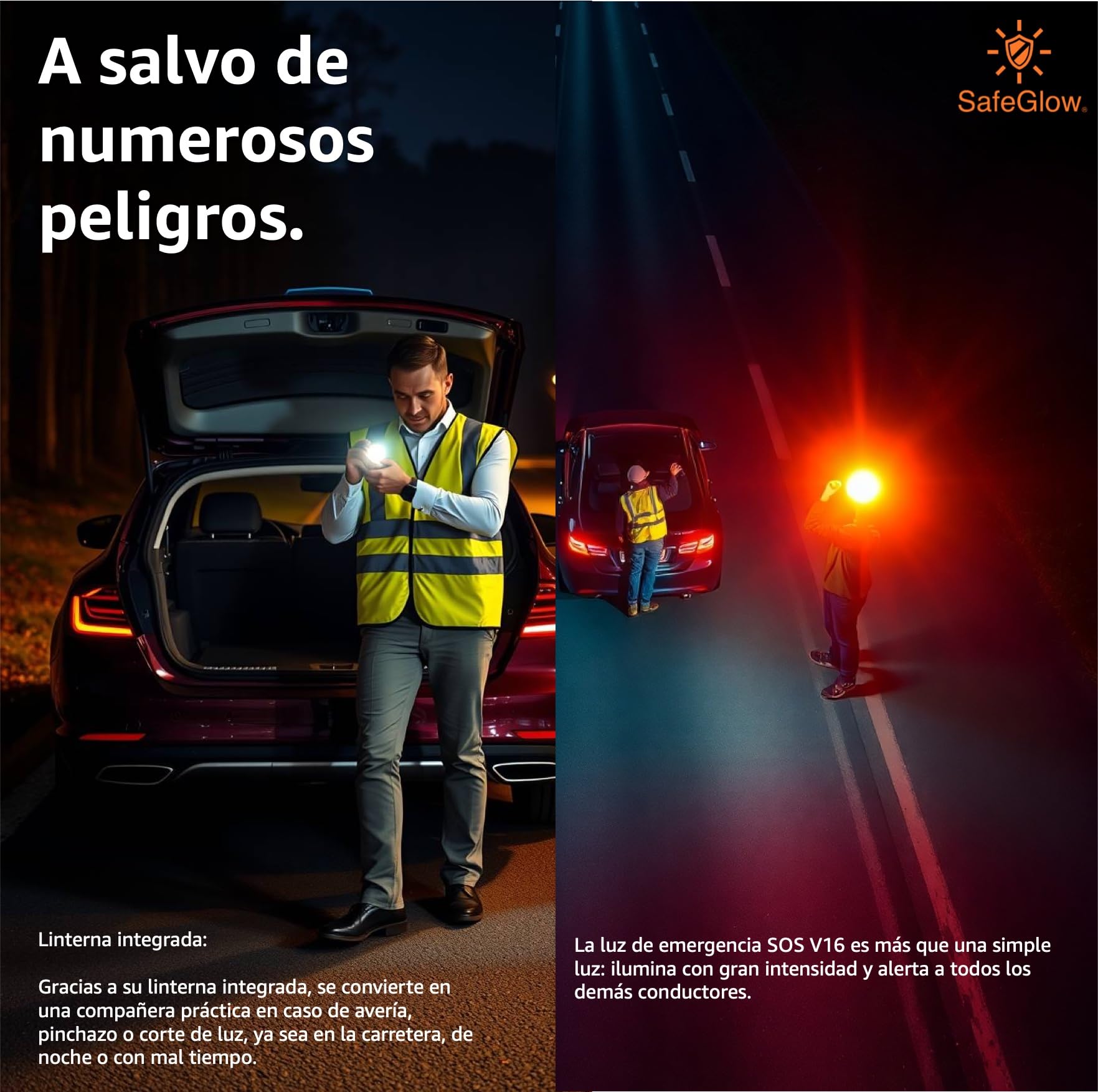 3x Safeglow® Luz de advertencia V16 UE Luz de emergencia IDIADA Autorización n.º PC21020060 - Triángulo de advertencia - Triángulo - para coche y moto (3x Luz V16)