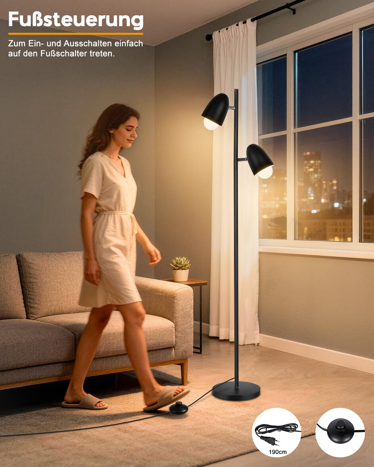 LED Stehleuchte mit 2 verstellbaren Köpfen, 170CM Wohnzimmer Stehlampe mit E27 Fassungen Max.60W, Industrial Leselampe (mit 2 Leuchtmittel) für Schlafzimmer Büro - Schwarz