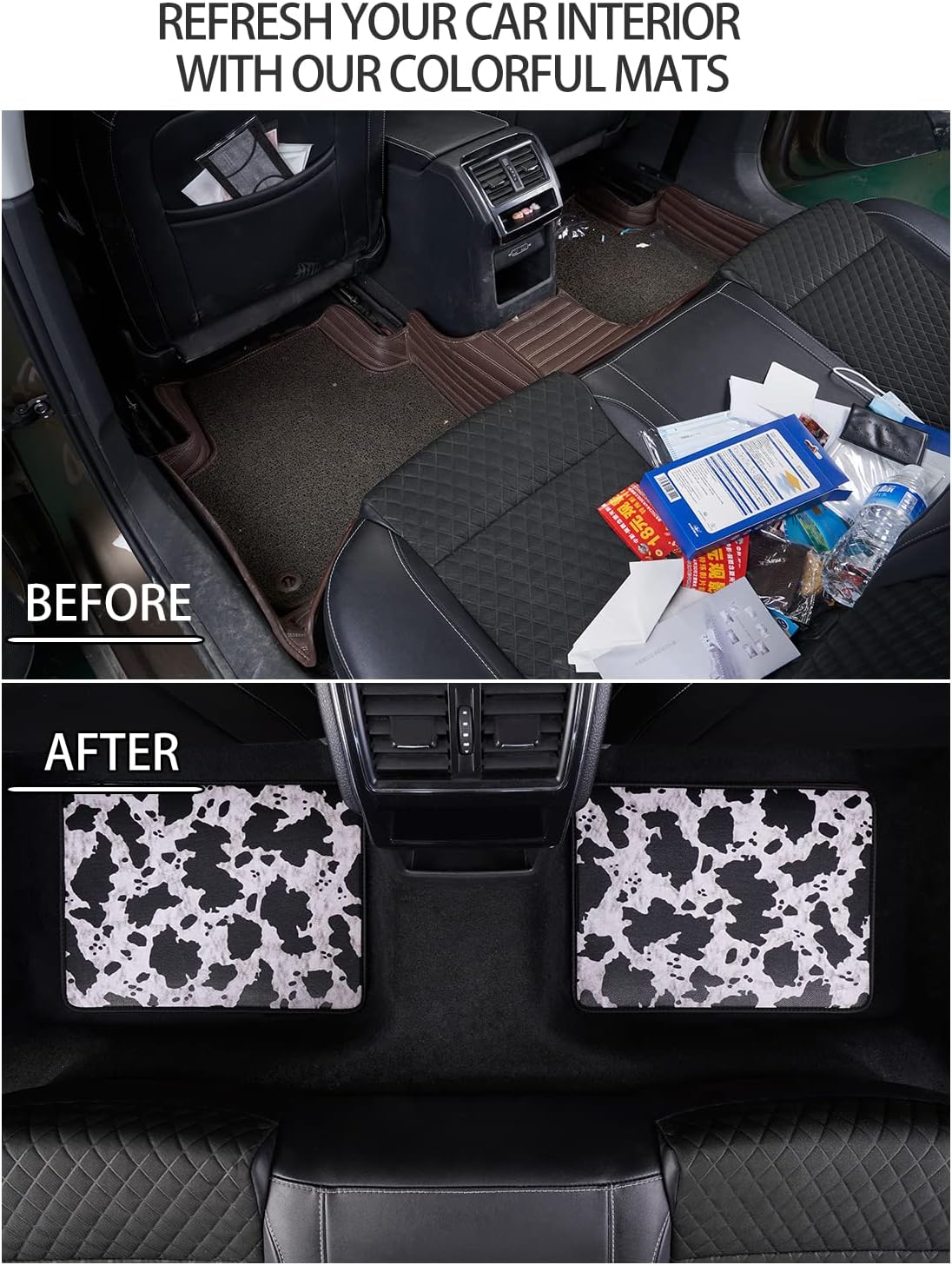 Cow Print Car Floor Mats,All Weather Protection, Faux Leather, Universal Fit for Cars Truck Van and SUV (Black)