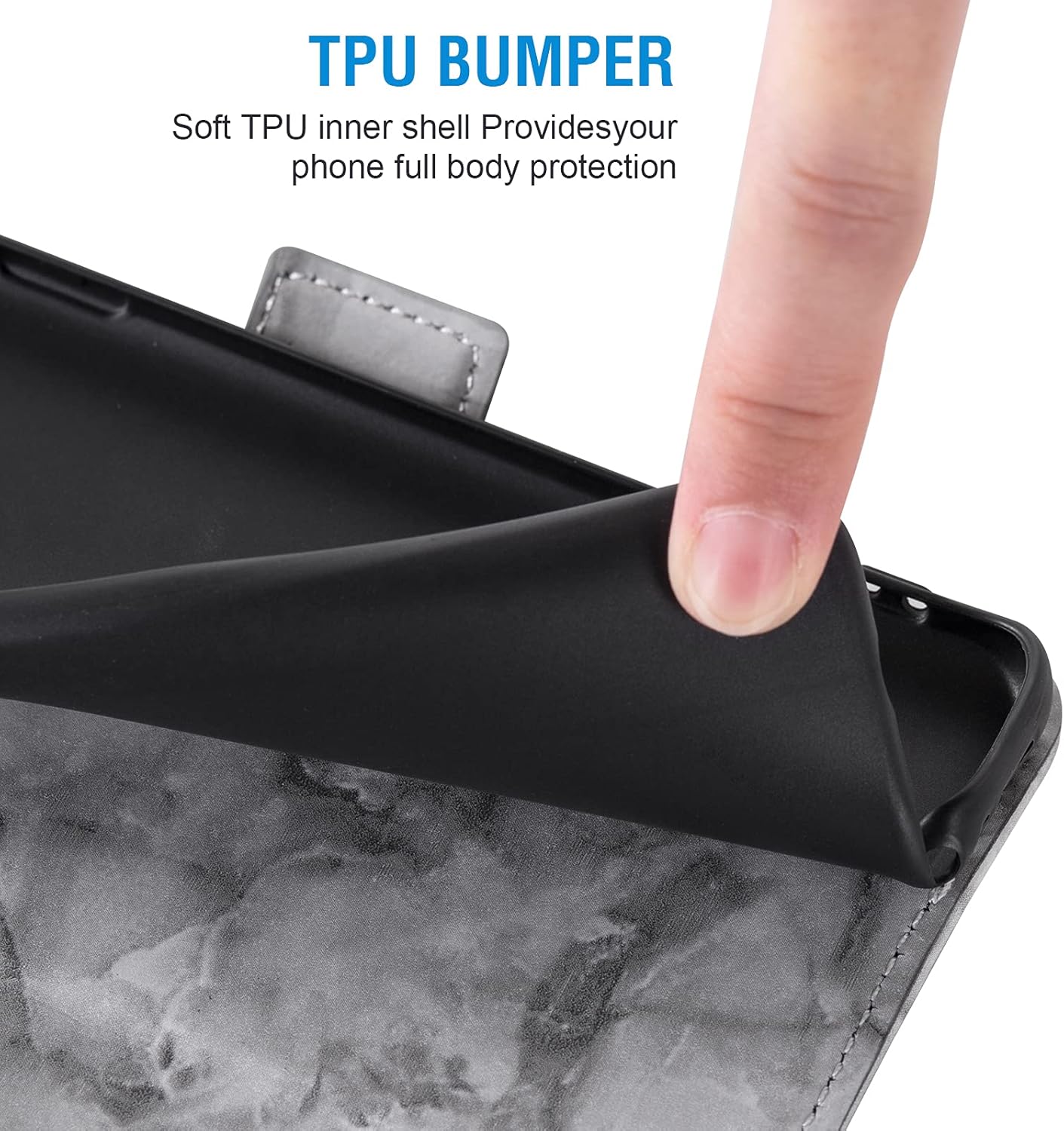 Close-up of the soft TPU inner shell of the Asuwish phone case, demonstrating flexible material for phone insertion.