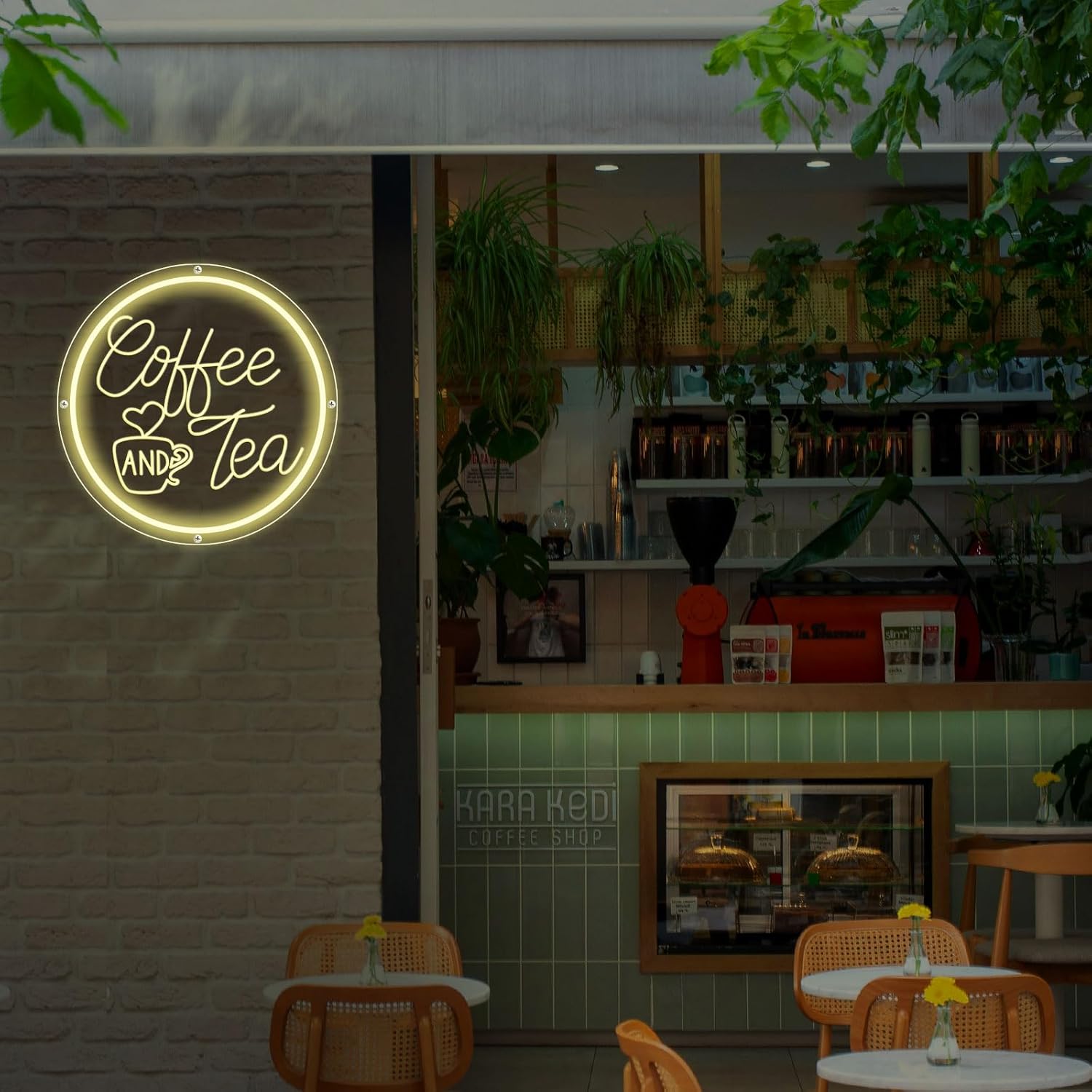 Coffee Neon Sign,Coffee and Tea Neon Signs,Dimmable LED Coffee Bar Hanging Wall Art Sign for Coffee Station,Tea Bar,Restaurants,Farmhouse,Kitchen Decoration(11.8 * 11.8 inch Neon）