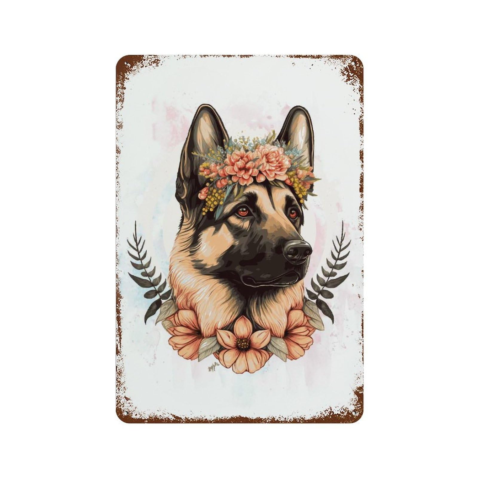 Floral German Shepherd Dog 11.8"x7.9" Weathered Tin Sign, Shabby Chic Decor for Farmhouse, Kitchen And Entryway Decor