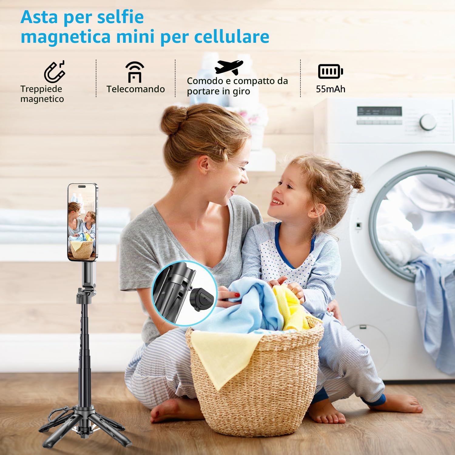 yAyusi Mini Bastone Selfie Magnetico, Treppiede Smartphone Mag-Safe 4 in 1 Piccolo, Dotato di un Supporto per Telefono Staccabile e Luce di Riempimento, Adatto per iPhone/Android/Vlog/Foto/Video