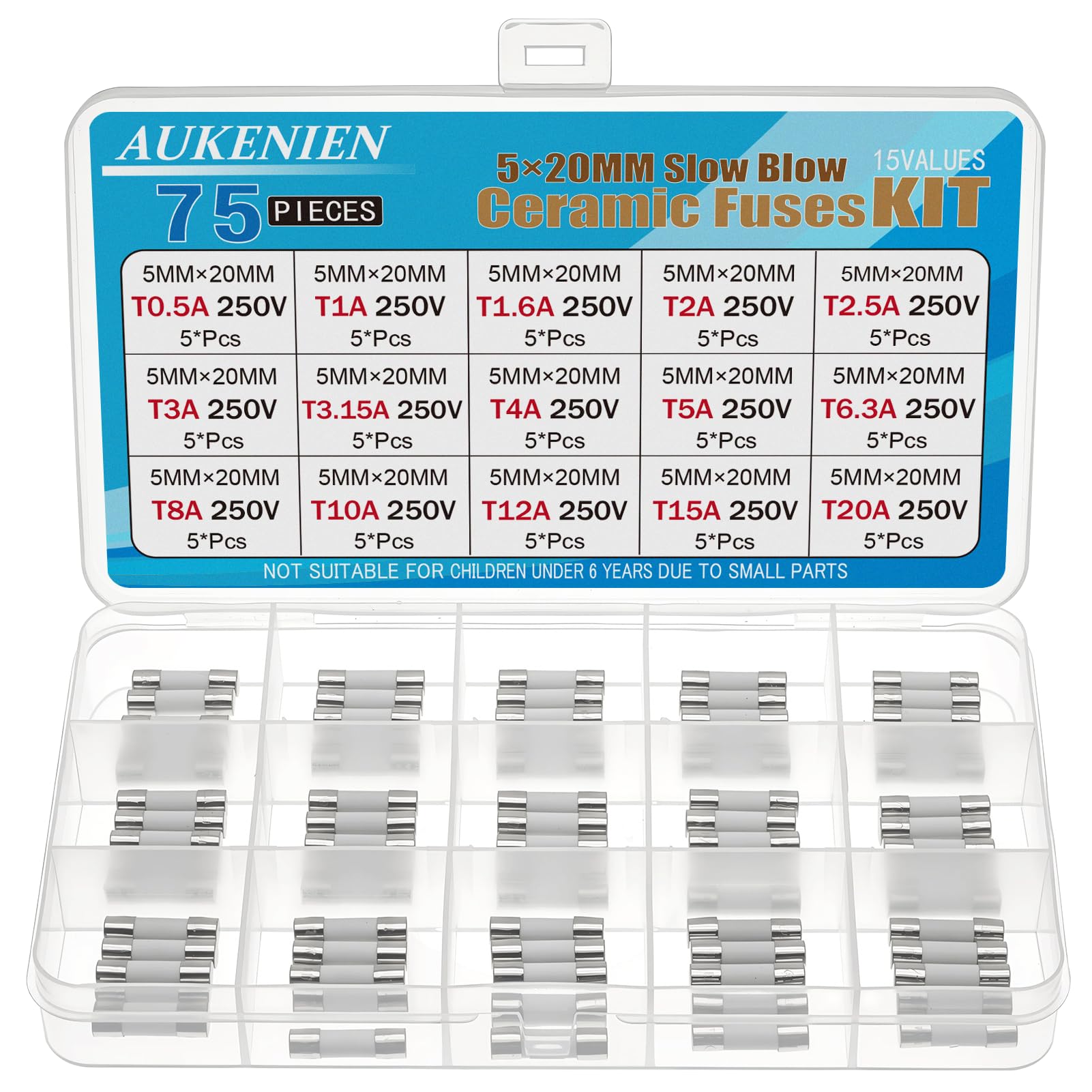 AUKENIEN 5X20MM Slow Blow Ceramic Fuses Kit 15 Values 0.5A 1A 1.6A 2A 2.5A 3A 3.15A 4A 5A 6.3A 8A 10A 12A 15A 20A 250V 5X20 MM 0.5 1 1.6 2 2.5 3 3.15 4 5 6.3 8 10 12 15 20 Amp 250 Volt Time Delay Fuse