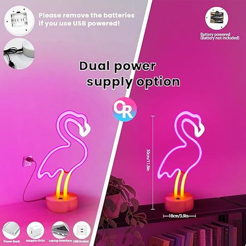 Miniatura 6 de UrsaMajor Paquete de 2 letreros de neón, flamenco rosa y palmera de neón, alimentado por USBbatería, eficiencia energética, luces decorativas para