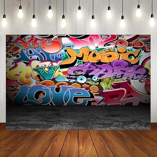 Miniatura 13 de Fondo de vinilo de graffiti de los años 80 y 90, decoración de fiesta de cumpleaños, hip-hop, fondo de fotografía personalizado, accesorios de