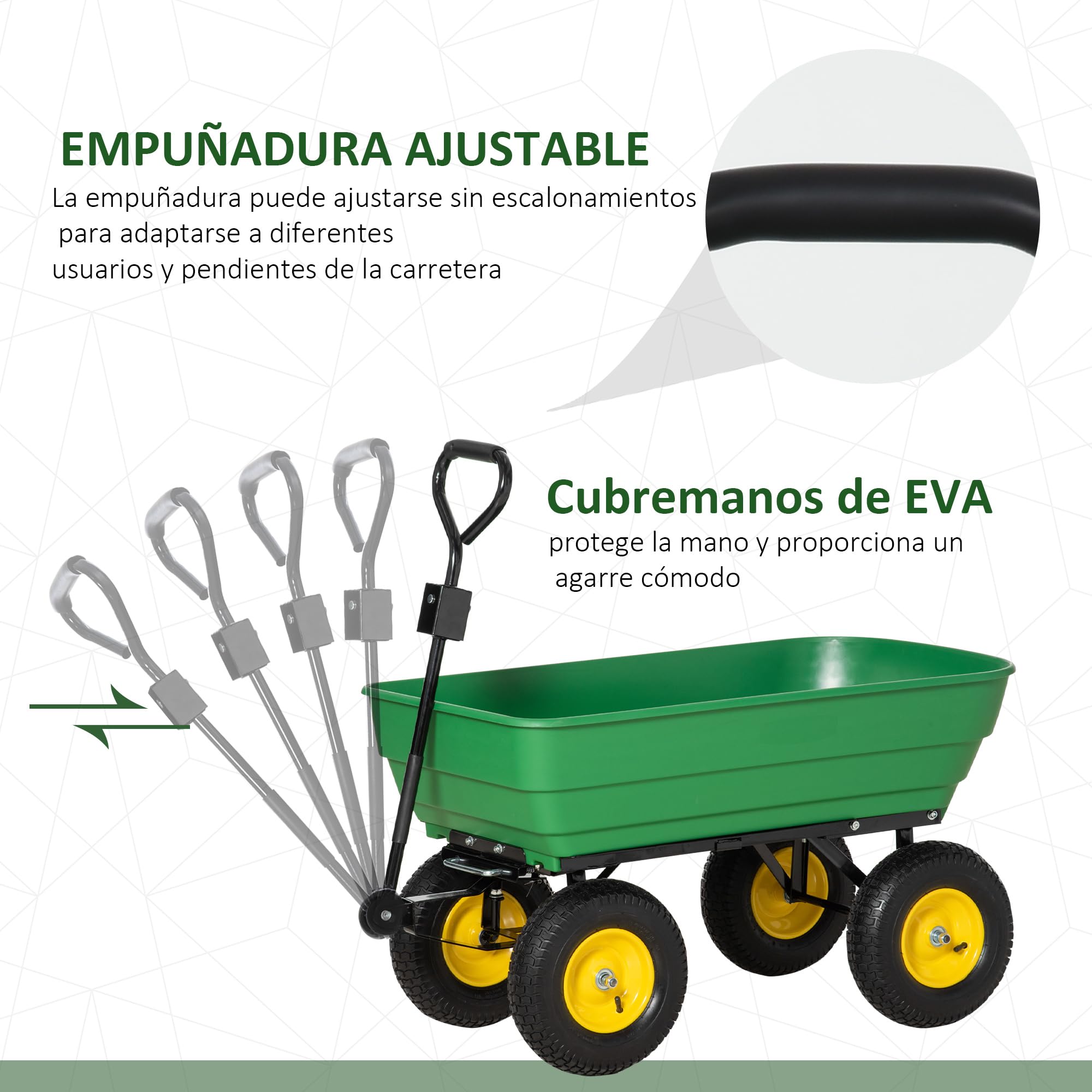 Outsunny Carro de Jardín Basculante Carga 200 kg Capacidad 125 L Carretilla de Transporte Carro para Playa con Marco de Acero y 4 Ruedas Neumáticas Verde