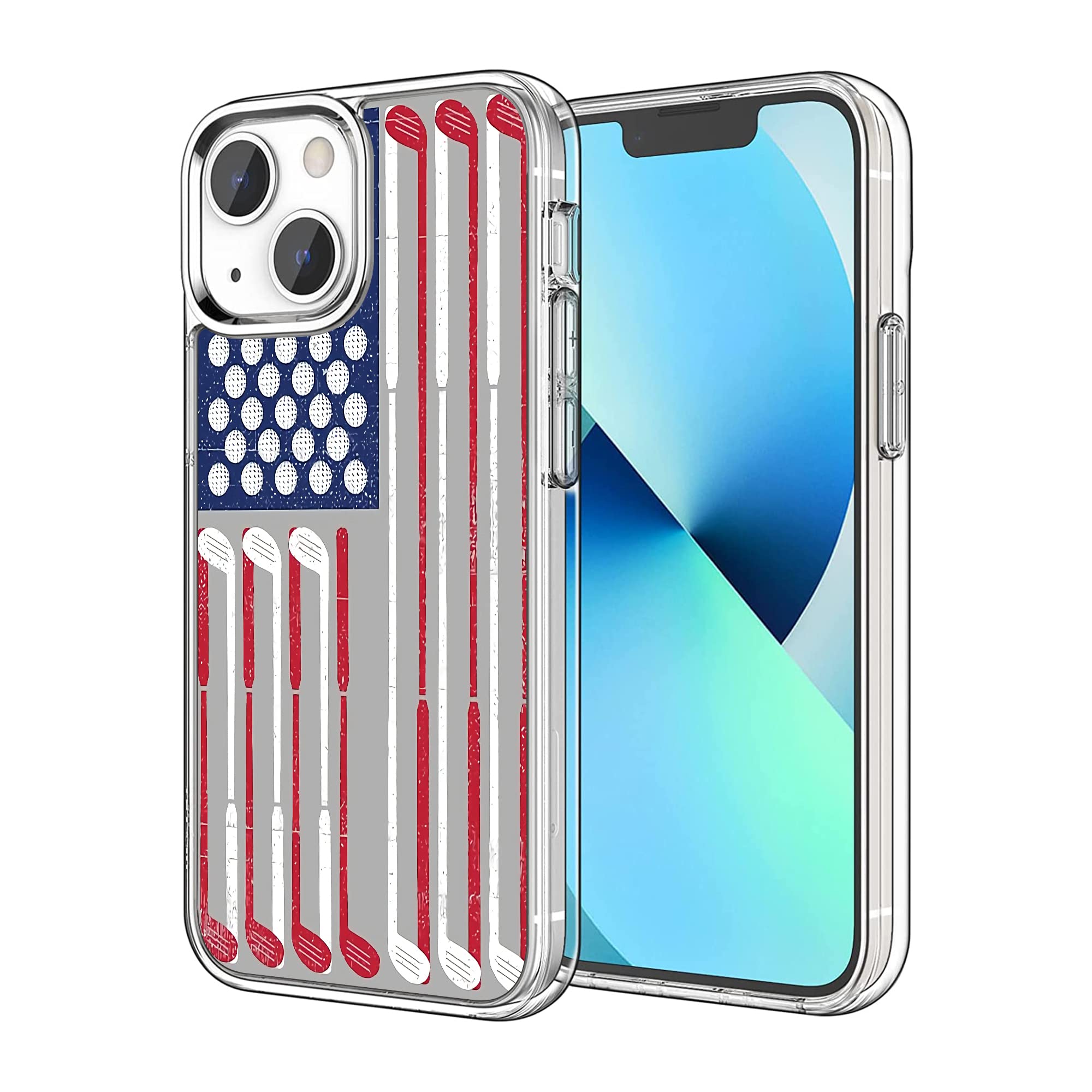 HANHANSHILU Compatible with iPhone 14, Slim Cover for Vintage US Flag Made of Golf Balls Clubs Design Soft TPU Protective Cover with Design for Women,