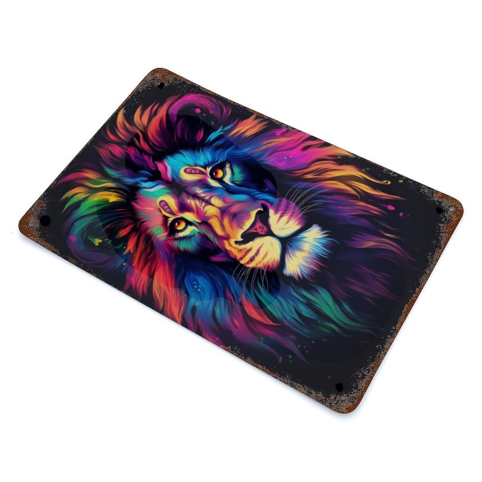Rust Effect Neon Lion Distressed Metal Wall Sign 11.8"x7.9", Decorative Metal Wall Art for Living Room, Hallway And Home Decor
