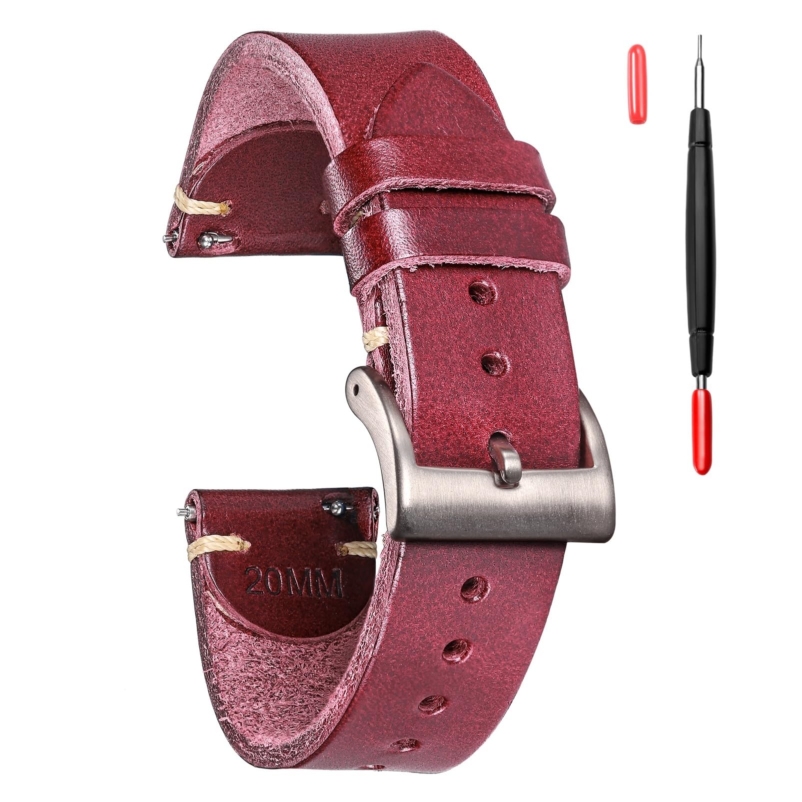 INEOUT Bracelets De Montre En Cuir Ciré À L'huile D'Italie Bracelets En Cuir Doux Faits À La Main Vert 18mm 20mm 22mm(HB127WSK,20mm)