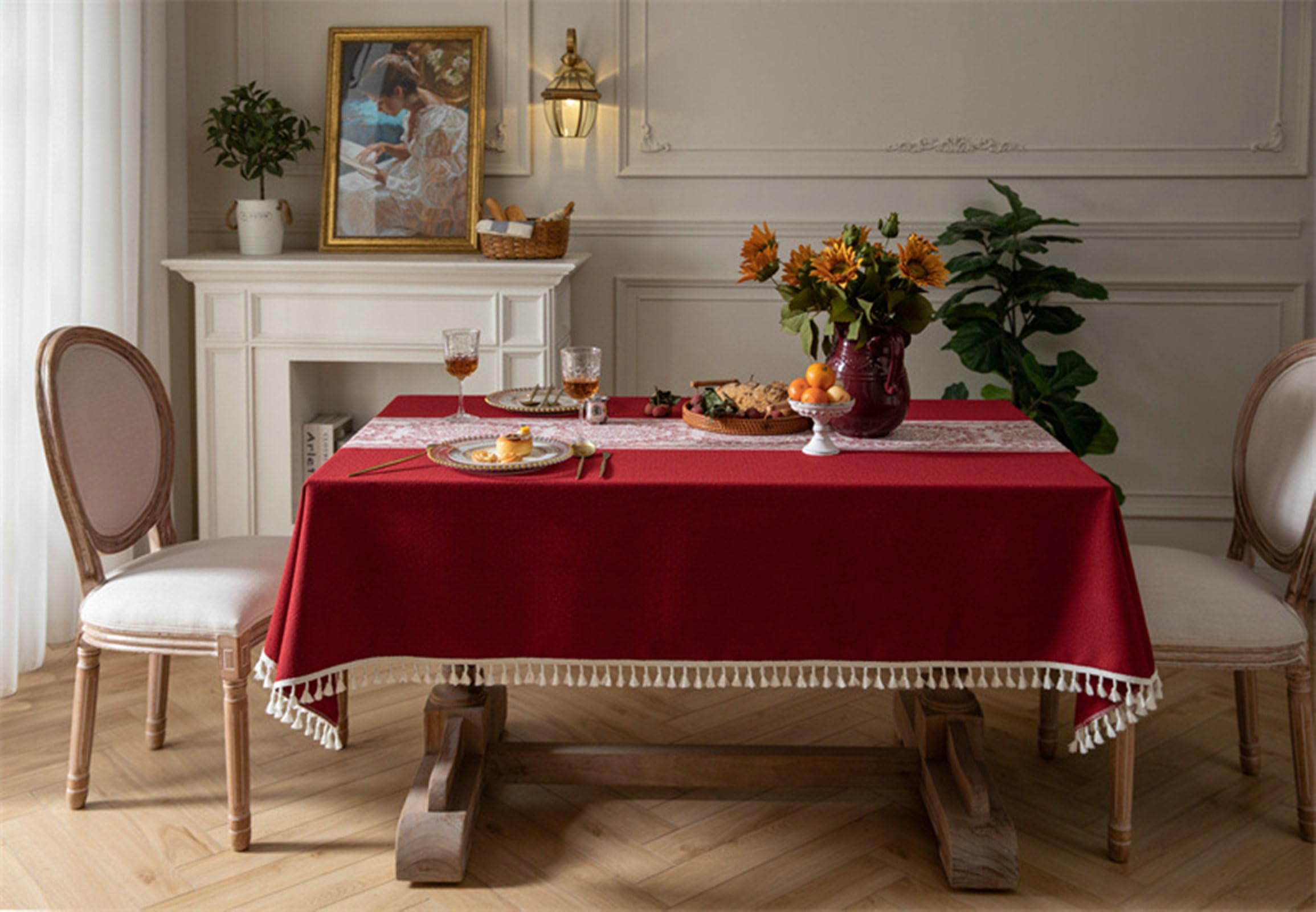 Gualiy Mantel de Mesa Rectangular Poliester, Manteles 140 x 200 cm Mantel Cocina Impermeable Jacquard Floral con Borlas Mantel para Mesa de Comedor, Rojo Oscuro