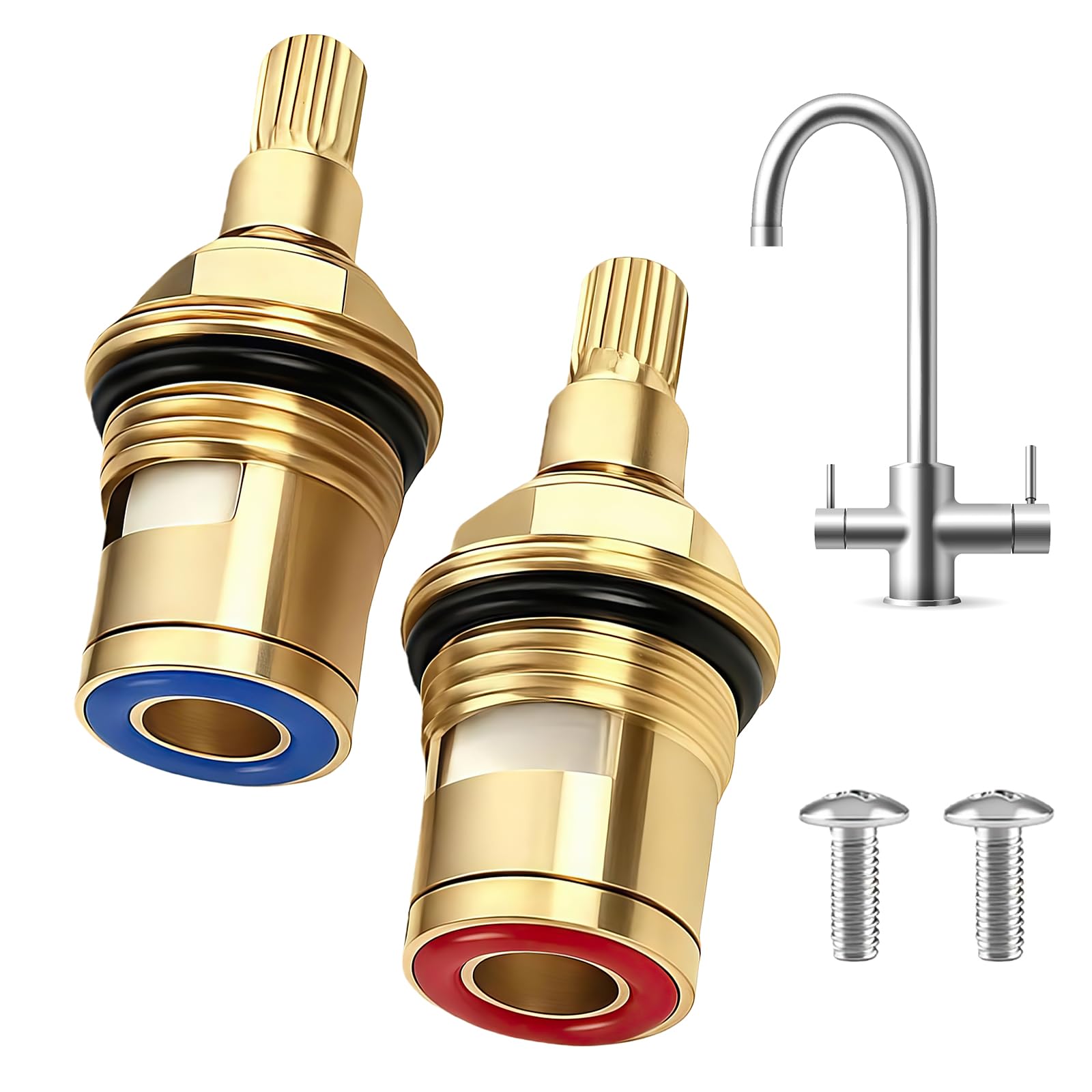 2 Pcs Mixer Tap Cartridge Replacement, Solid Brass Ceramic Tap Cartridge 1/4 Turn 20 Spline, with Taps Washers for Glands Seals Repair Kit for Bathroom Kitchen